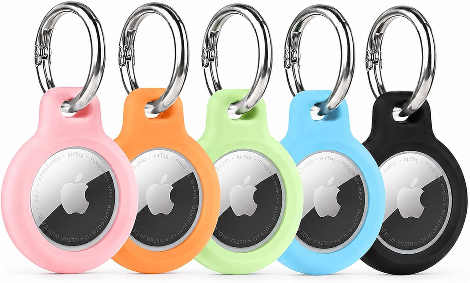 Porte Cle AirTag Apple, Lot de 5 Coque AirTag en Silicone Antichoc, Etui Air Tag Holder avec Mousqueton pour Chien et Bagage, 5 Couleurs