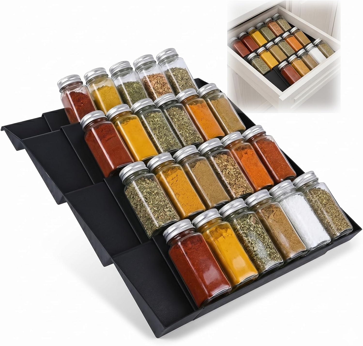 Noa Home Deco Ausziehbarer Gewürz Organizer für Schublade, 2 Stück Gewürzregal 30–60 cm, Platzsparender Küchen Organizer für Gewürzdosen, Schrank und Arbeitsfläche, Schwarz