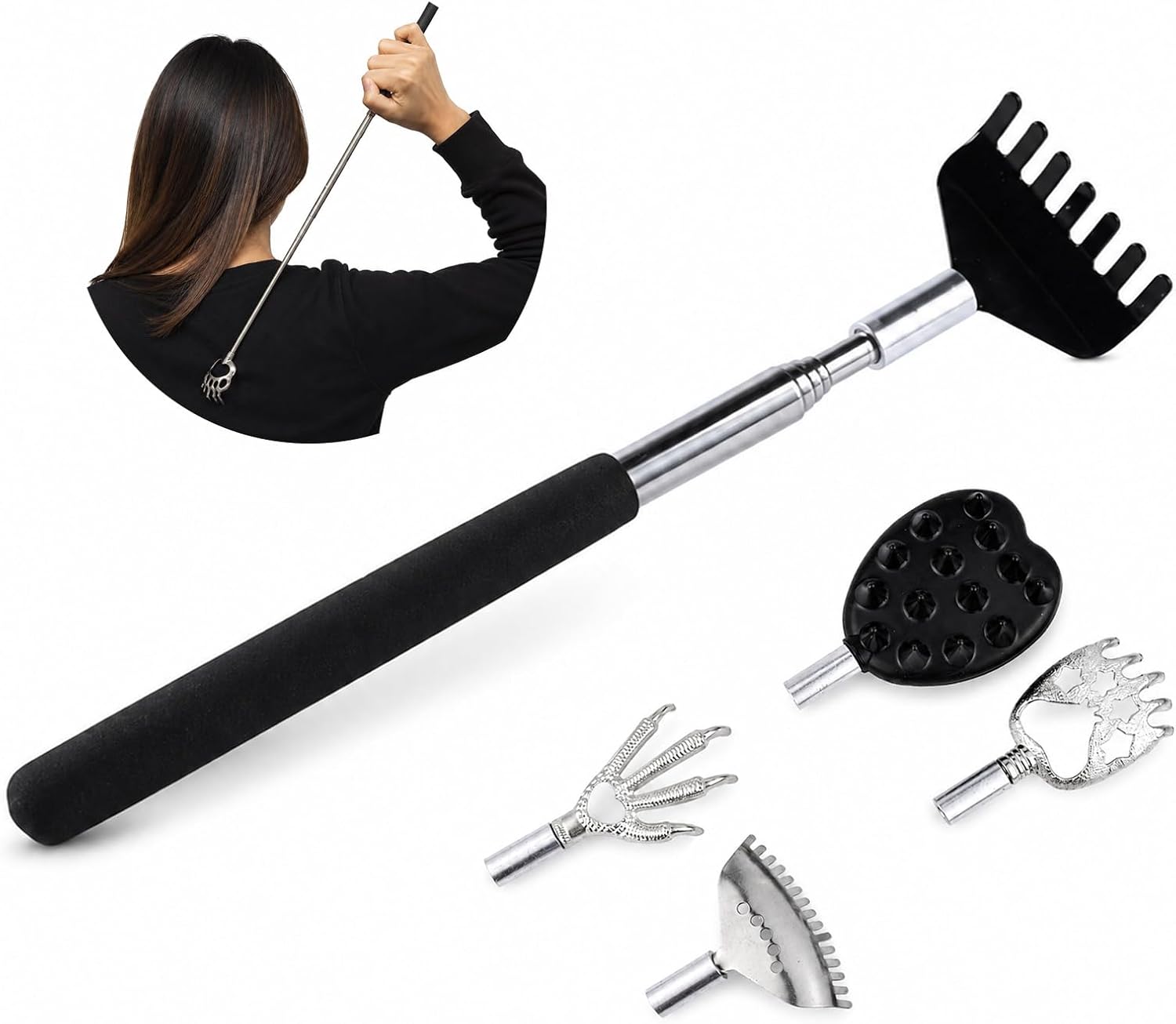 Rascador de Espalda Telescópico de 16 a 64 cm con 5 Cabezales Intercambiables, Varilla de Acero Inoxidable, para Hombres, Mujeres y Personas Mayores, Casa, Oficina y Viaje