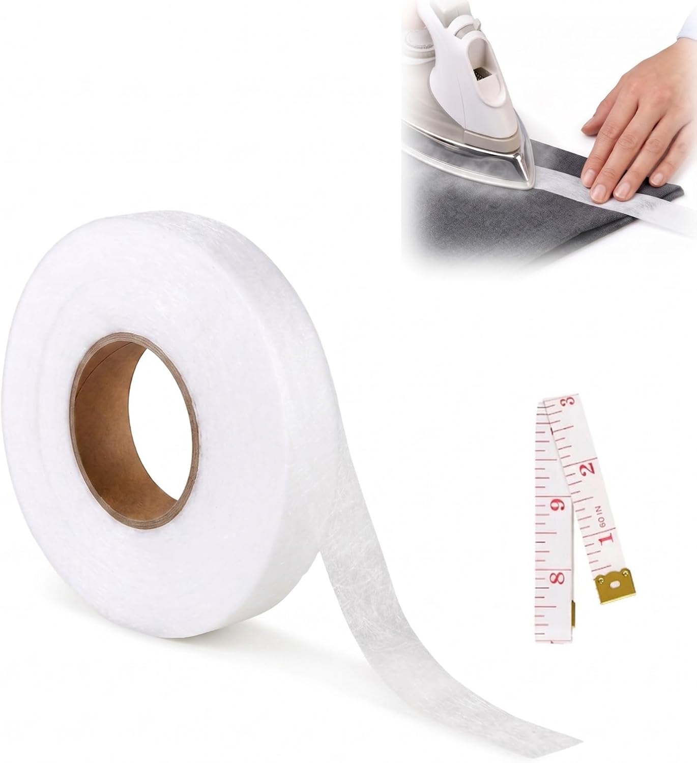 Ruban Thermocollant pour Ourlet 64 m x 20 mm Blanc avec Mètre de Couture, Bande Thermocollante Textile sans Couture, Lavable, pour Pantalons, Rideaux, Jupes, Vêtements et Réparations DIY