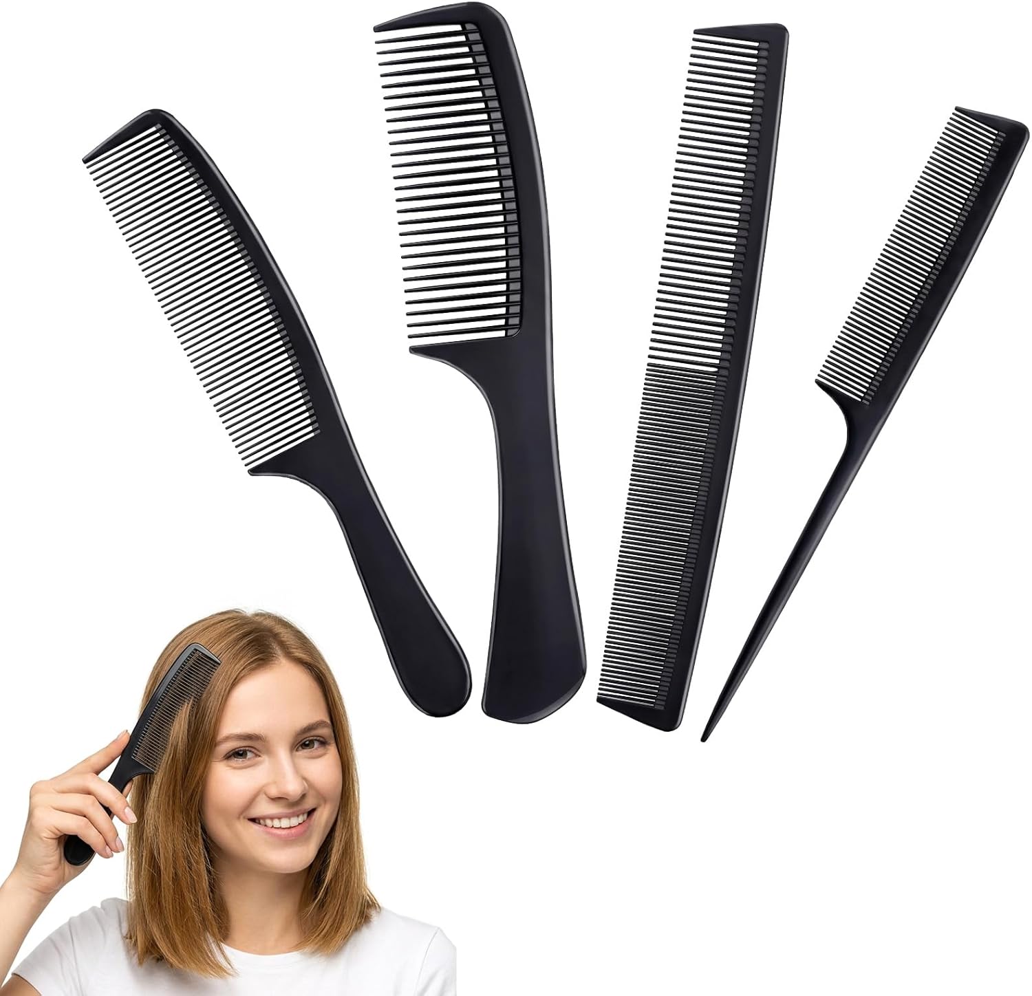 Carehabi 4 Pièces Peignes à Cheveux Professionnel, Peigne de Coiffure Antistatique, Peigne à Queue et Peigne à Dents Larges, Kit de Peigne Cheveux pour Femmes, Hommes et Salons, Noir