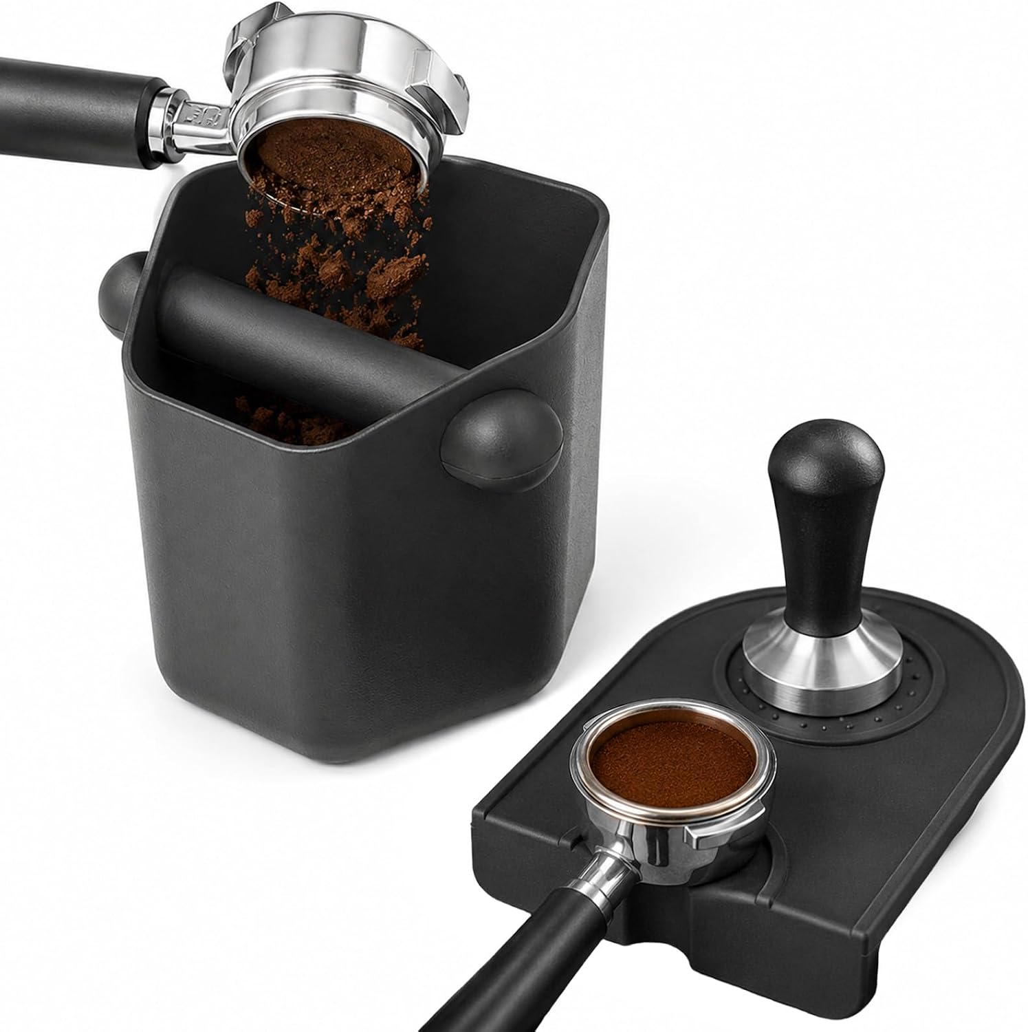 Carehabi Abklopfbehälter für Siebträger 580ml Abschlagbehälter für Siebträger Siebträger Abklopfbehälter mit Rutschfester Matte Kaffee Abklopfbehälter für Küche Café Restaurant Büro (Schwarz)