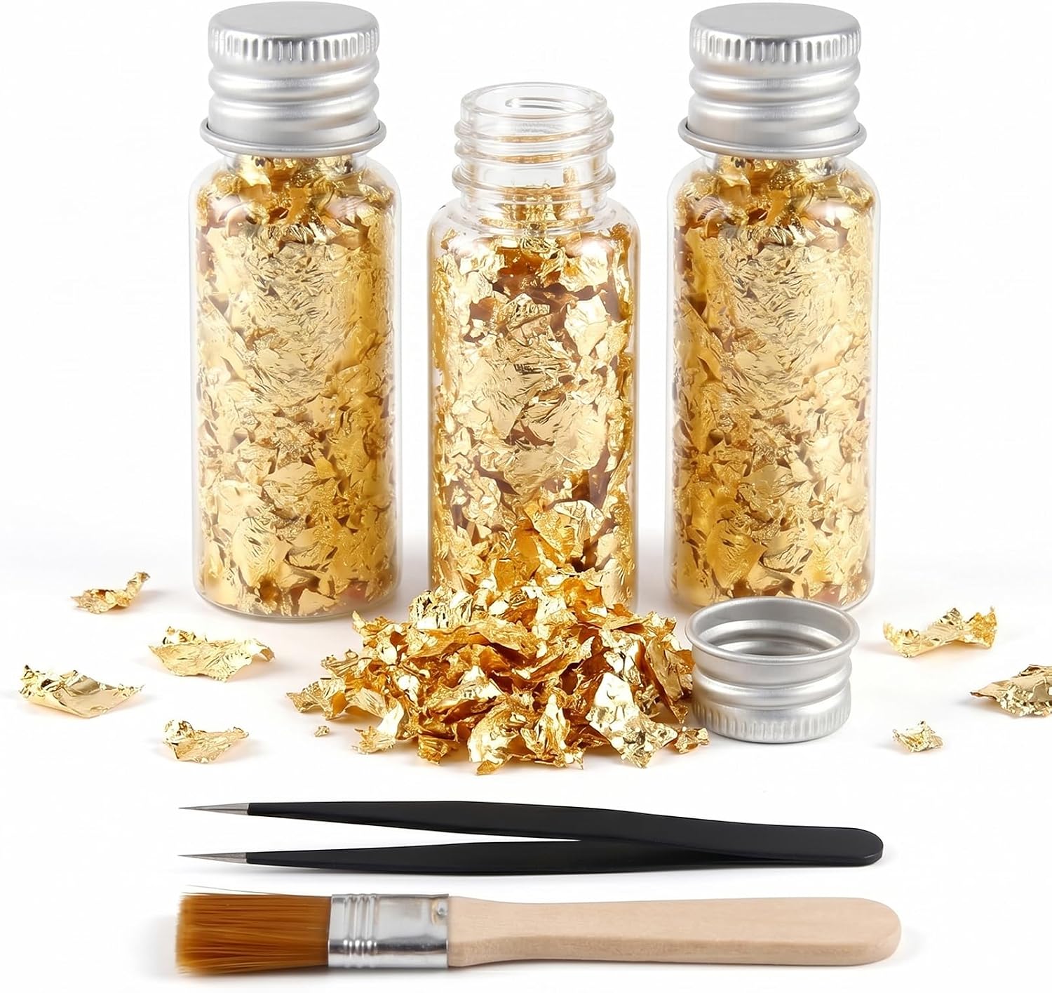 Carehabi 3 Bottiglie Fiocchi di Foglia d'Oro Imitazione con Pinzette e Pennello, Fiocchi d'Oro per Doratura,Pittura, Nail Art, Fai da Te, Artigianato e Decorazioni Artistici