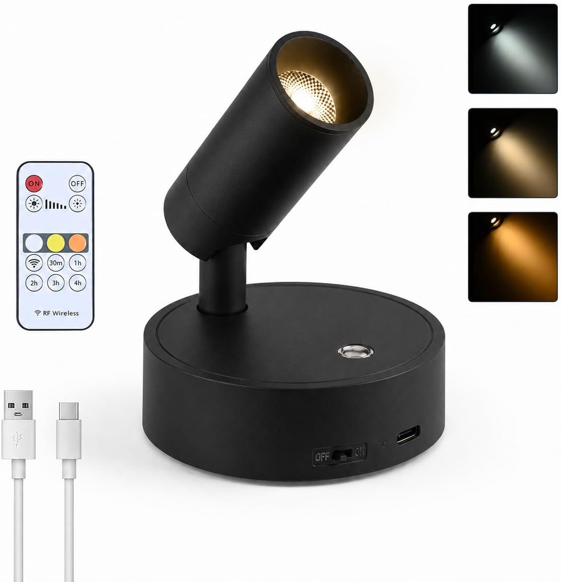 Carehabi Kabelloser LED Spot Akku Wandstrahler Innen - 3000mAh Wiederaufladbare Wandleuchte mit Fernbedienung & Magnet - Dimmbarer Strahler für Bilderbeleuchtung, Pflanzen & Kunst (1er Set White)