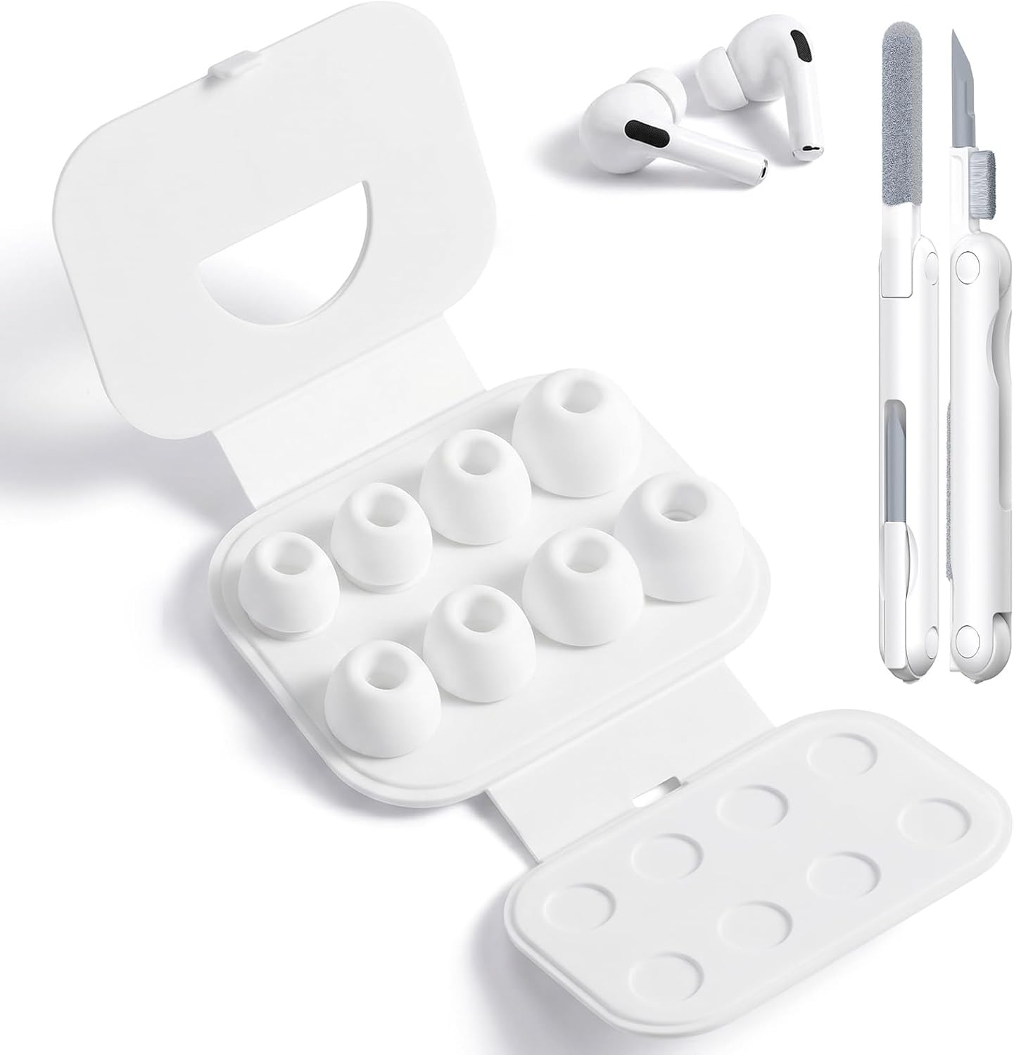 4 Paires Silicone Bouchons Embouts pour AirPods Pro/Pro 2 avec Kit Nettoyage Et Trou pour Réduction Bruit, Antidérapants Doux Silicone Rechange Oreille Inserts (Diverses Tailles, XS/S/M/L)