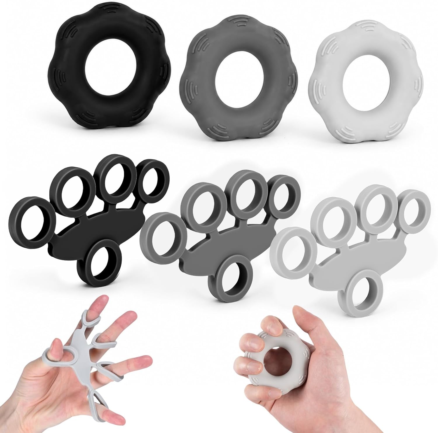 CAREHABI Hand Grip & Handgrip Set de 6, Anneaux Silicone sans BPA (30-50 Lbs) & Bandes Extension (6.6-11 Lbs), Sport Avant-Bras Antidérapant pour Athlètes, Musiciens, Balle Reeducation Main