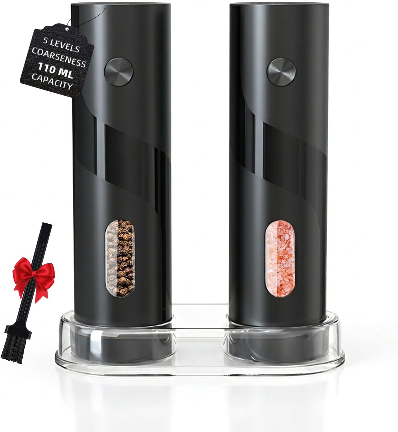 Set Macina Sale e Pepe Elettrico, Macina Pepe Elettrico a Batteria, Grande Capacità da 110 ml, 5 Livelli di Regolazione con Spazzola e Finestra Visibile