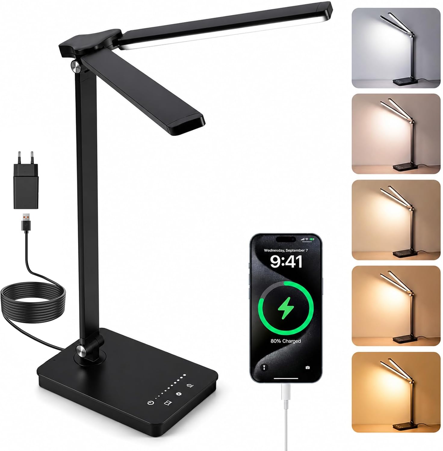 Doble Cabezal LED Lámpara Escritorio, 1000LM Fuerte Luz Mesa Arquitecto con 5 Modos Color & Atenuación Libre, Cuidado Ojos CRI>90, Táctil, Memoria, 45 Min Timer, Ajustable Foco Lectura Oficina