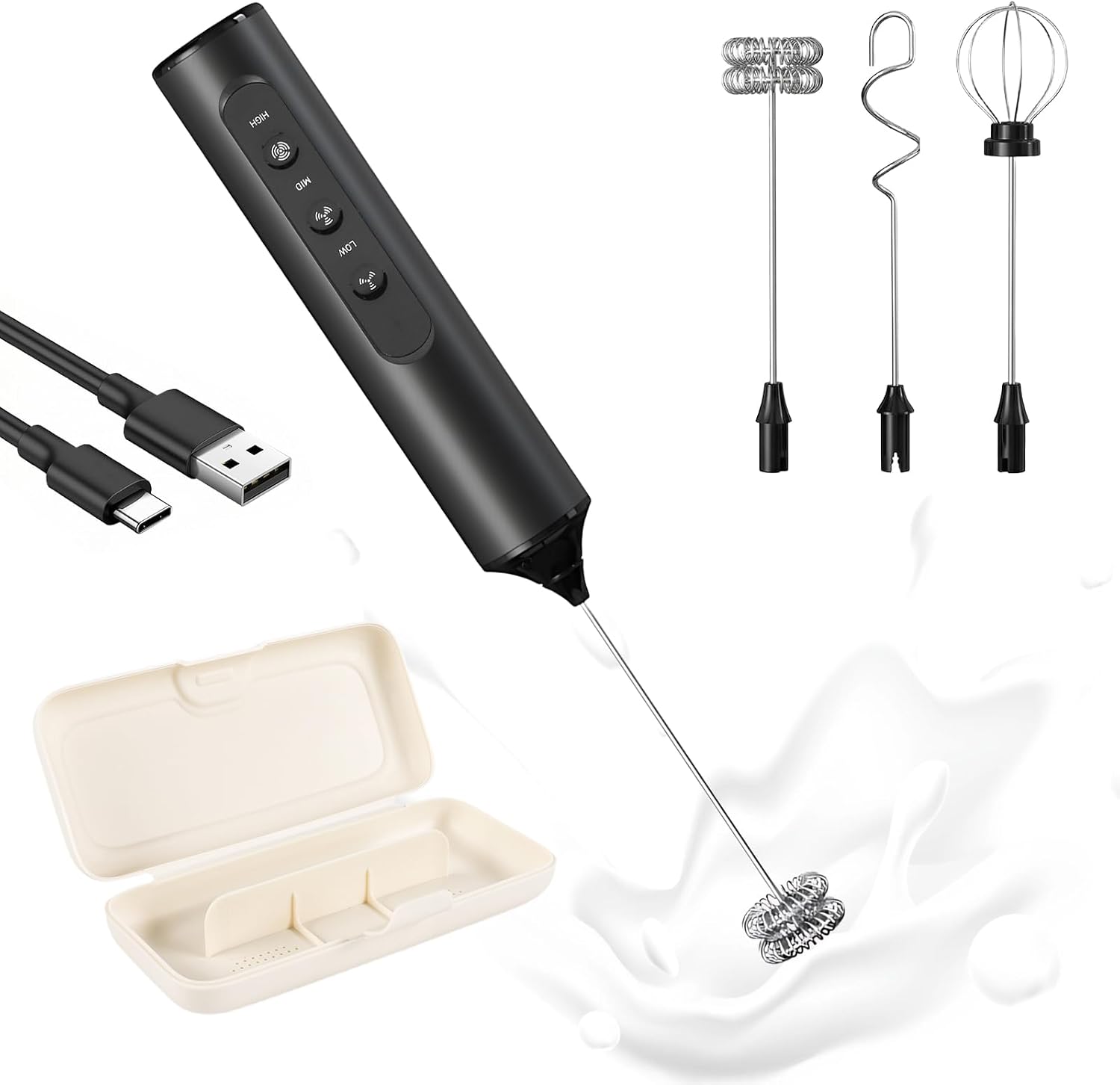 Montalatte Elettrico Portatile 3 in 1 con Custodia Portatile, Ricaricabile con 3 Velocità Regolabili, per Uso Alimentare, Accessori Rimovibili per Latte, Caffè, Montalatte Elettrico Cappuccino