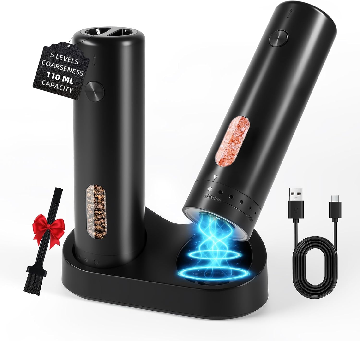 Salz und Pfeffermühle Elektrisch Set mit Ladestation, Pfeffermühle Elektrische, Wiederaufladbare Salzmühle, 110ml Kapazität, Keramikmahlwerk mit 5 Einstellbaren Mahlgraden und Bürste