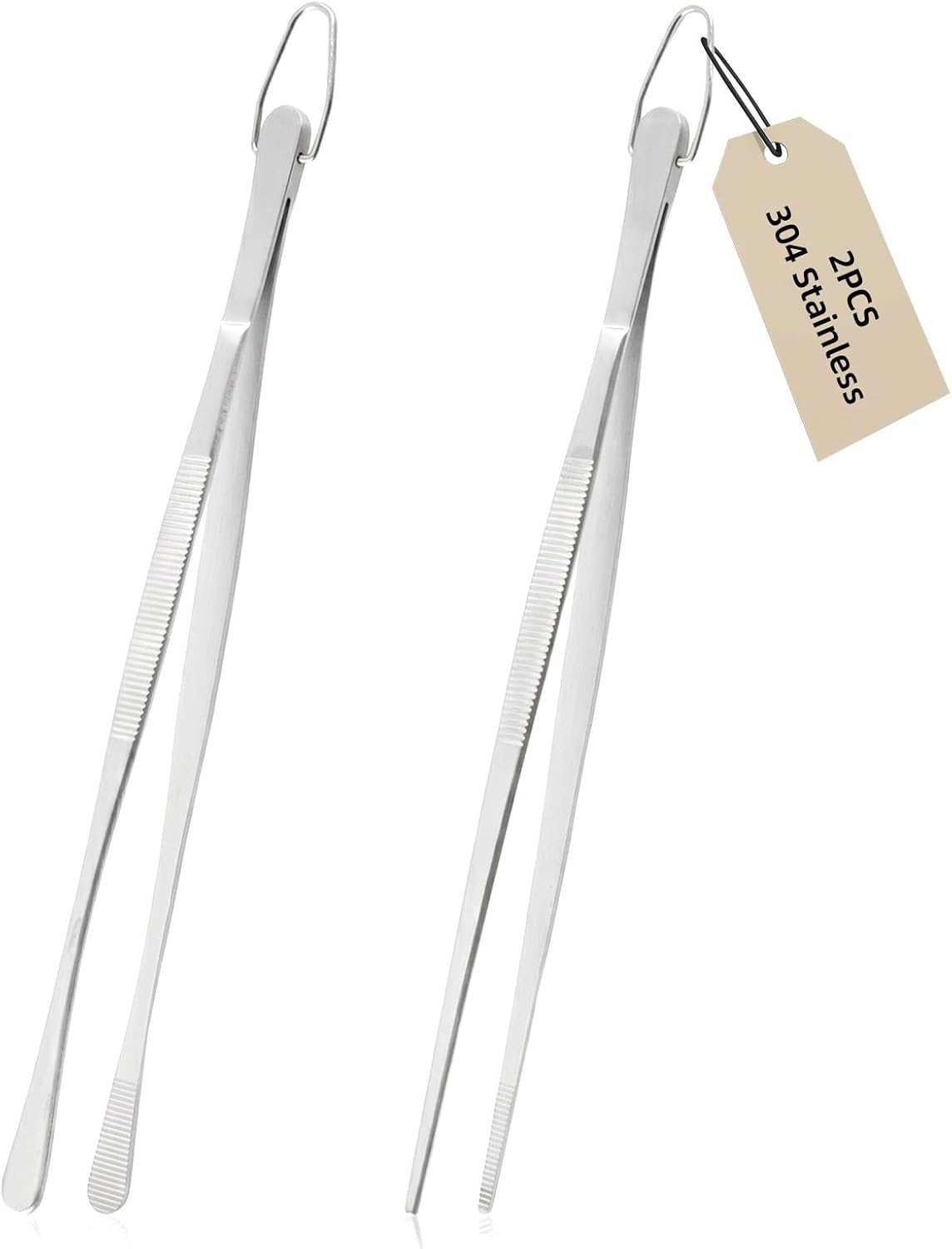 2 Pieces Stainless Steel Kitchen Tongs, 30 cm Long Tweezers with Hanging Hook, Stainless Steel Barbecue Tongs for Cooking, Grilling and Baking
