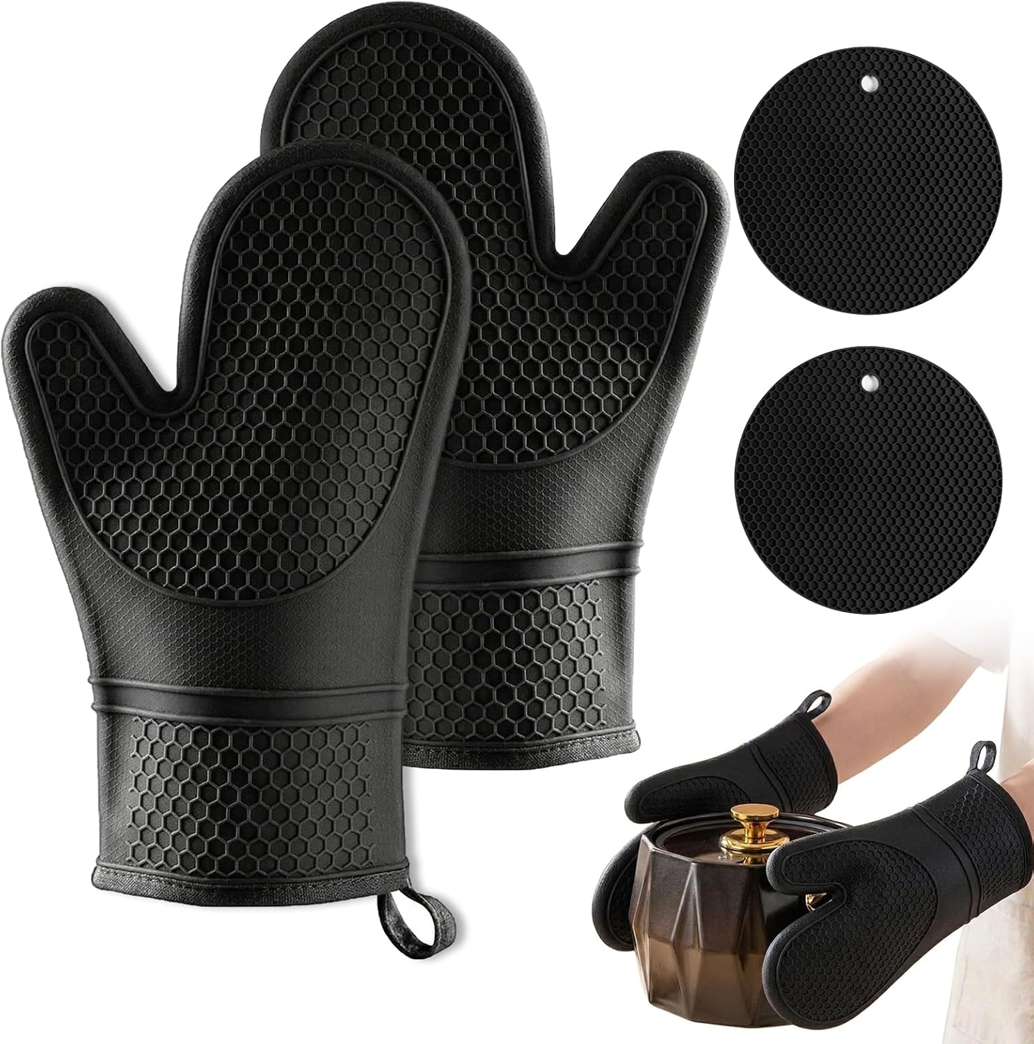 Carehabi Guantes de Horno y Agarradores Set de 4 Piezas Silicona Guantes de Cocina Resistentes al Calor hasta 230°C con Diseño de Panal para Hornear Barbacoa y Cocinar