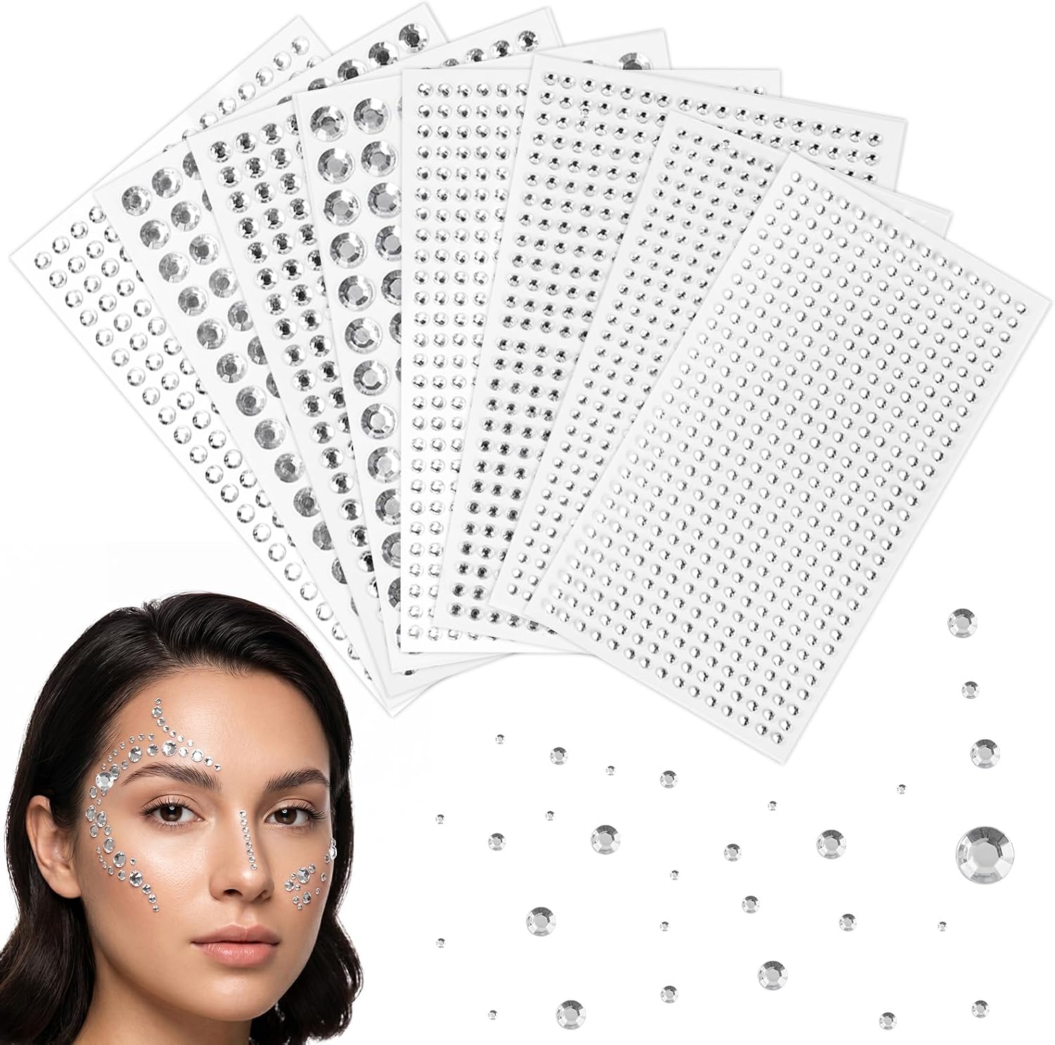 Carehabi 2744 Pièces Strass Autocollants, 8 Feuilles Strass Adhésif Transparent, Pierres Précieuses pour Ongles, Visage, Vêtements et Loisirs Créatifs DIY, Accessoires Festival