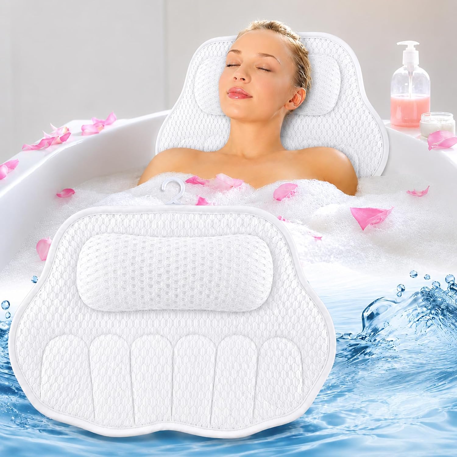 Coussin Baignoire, Oreiller de Bain Ergonomique 4D avec 6 pcs Antidérapante