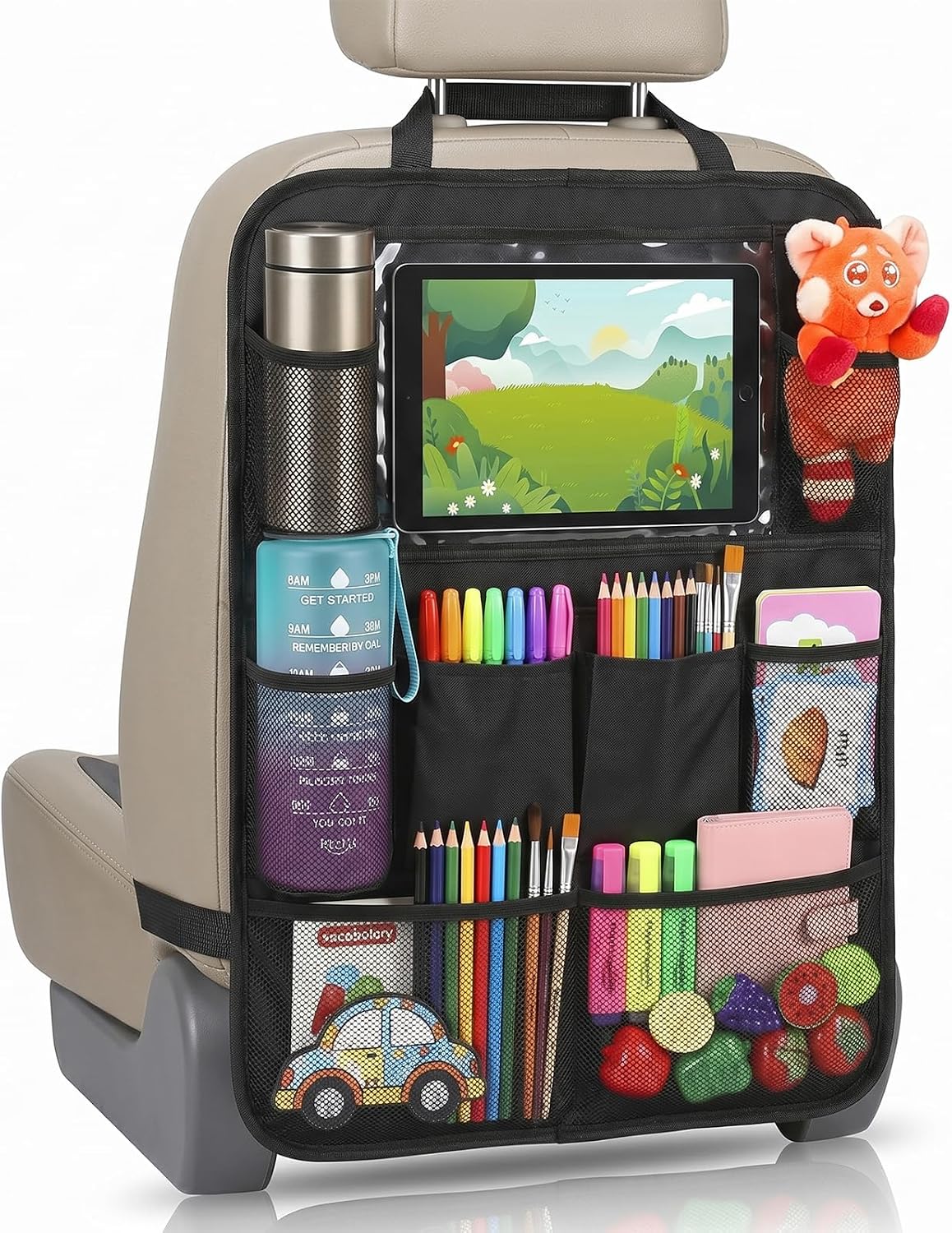 BillyBath Organizador Asiento Coche, XL Organizador Asiento Coche Ninos con Soporte para Tablet 11", 10 Bolsillos ara Facilitar El Almacenamiento iPad Tablet(1 Pieza)