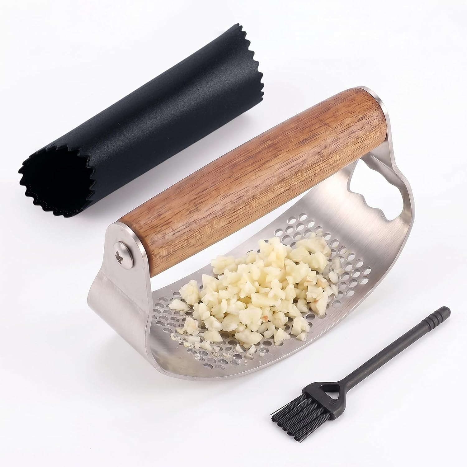 Prensa Ajos Acero Inoxidable con Mango de Madera Ergonómico, 2-en-1 Garlic Press & Abrebotellas, Incluye Pelador Silicona, Cepillo Limpieza, Machacador de Ajos para Picar Jengibre Fácilmente