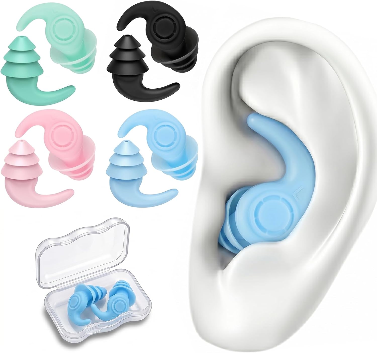 Lot de 4 paires de bouchons d'oreilles de piscine pour adultes, en silicone souple et imperméable, avec ailettes ergonomiques pour un ajustement sûr, réutilisables avec étui portable, douche, surf