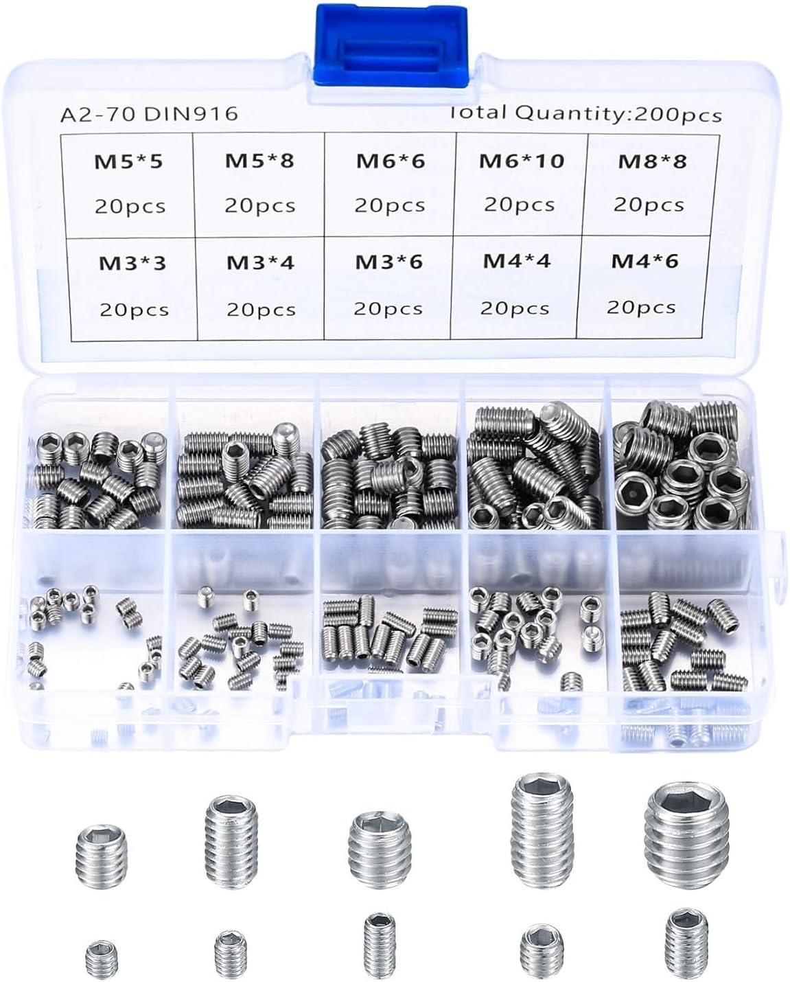 Set of 300 M3 M4 M5 M6 M8 Stainless Steel Hex Head Hex Socket Metric Thread Set Screws Silver