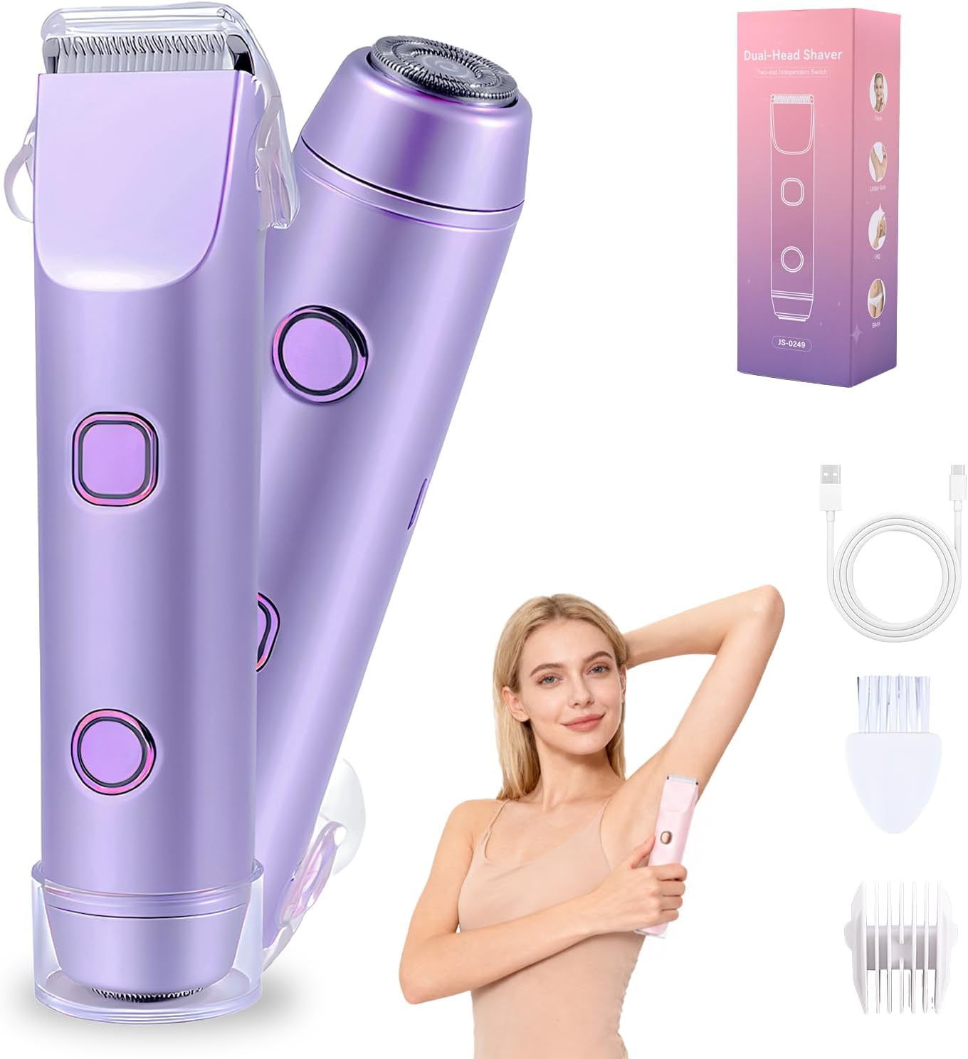 Carehabi Tondeuse bikini pour femme – Rasoir électrique 2 en 1 pour femme et rasoir intime avec large tête de rasage en céramique, étanche IPX7 pour rasage humide et sec, rechargeable par USB Type-C
