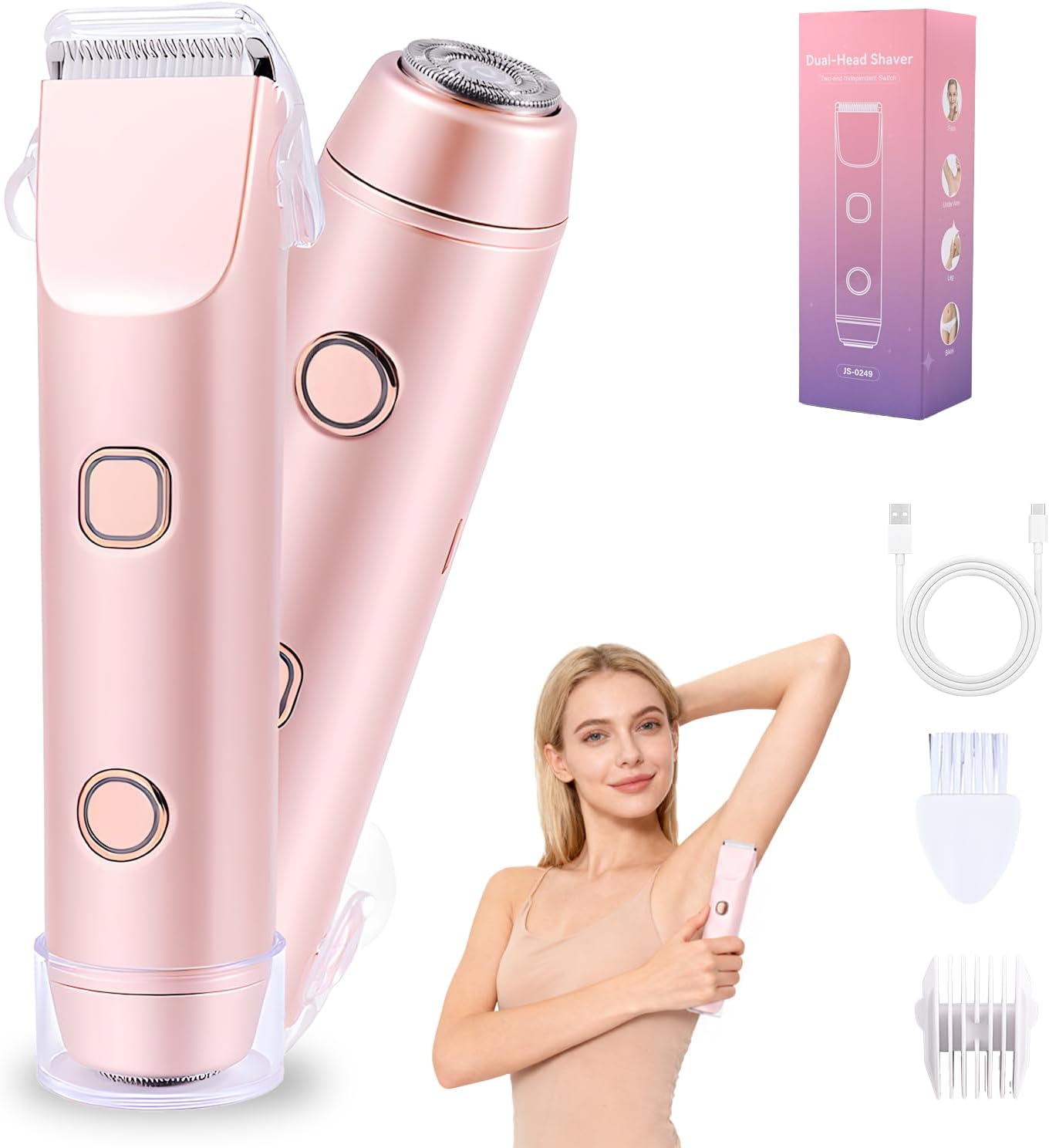 Carehabi Rasoio Elettrico Donna Rasoio Intimo Donna 2-in-1 Bikini Trimmer IPX7 Waterproof Cordless Shaver with Ceramic Blade Type-C Rechargeable Rose
