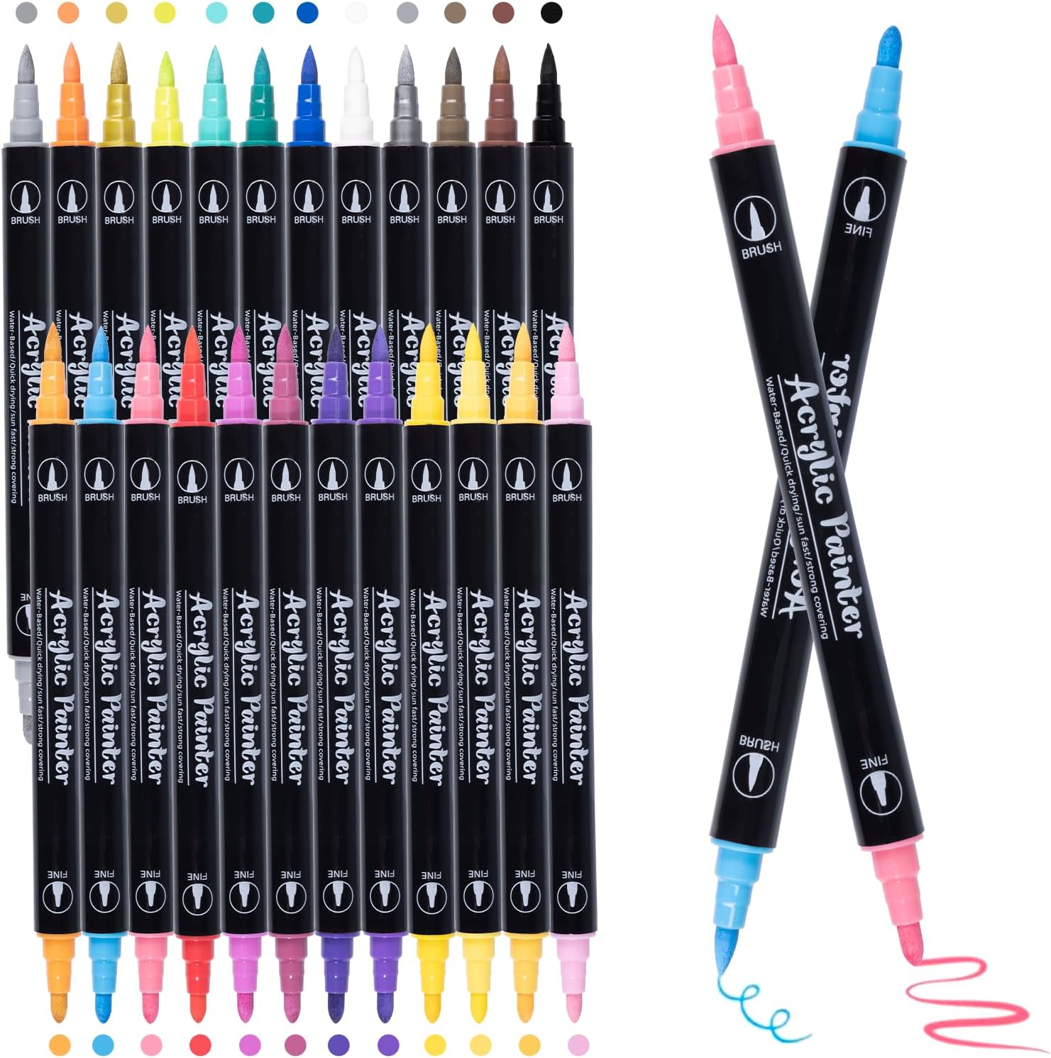Carehabi Lápices Acrílicos de 24 Colores, Doble Punta Pinceles Marcadores (Pincel y Punta Fina), con Extremos Dobles para Pintura de Roca, Papel, Madera, Lienzo