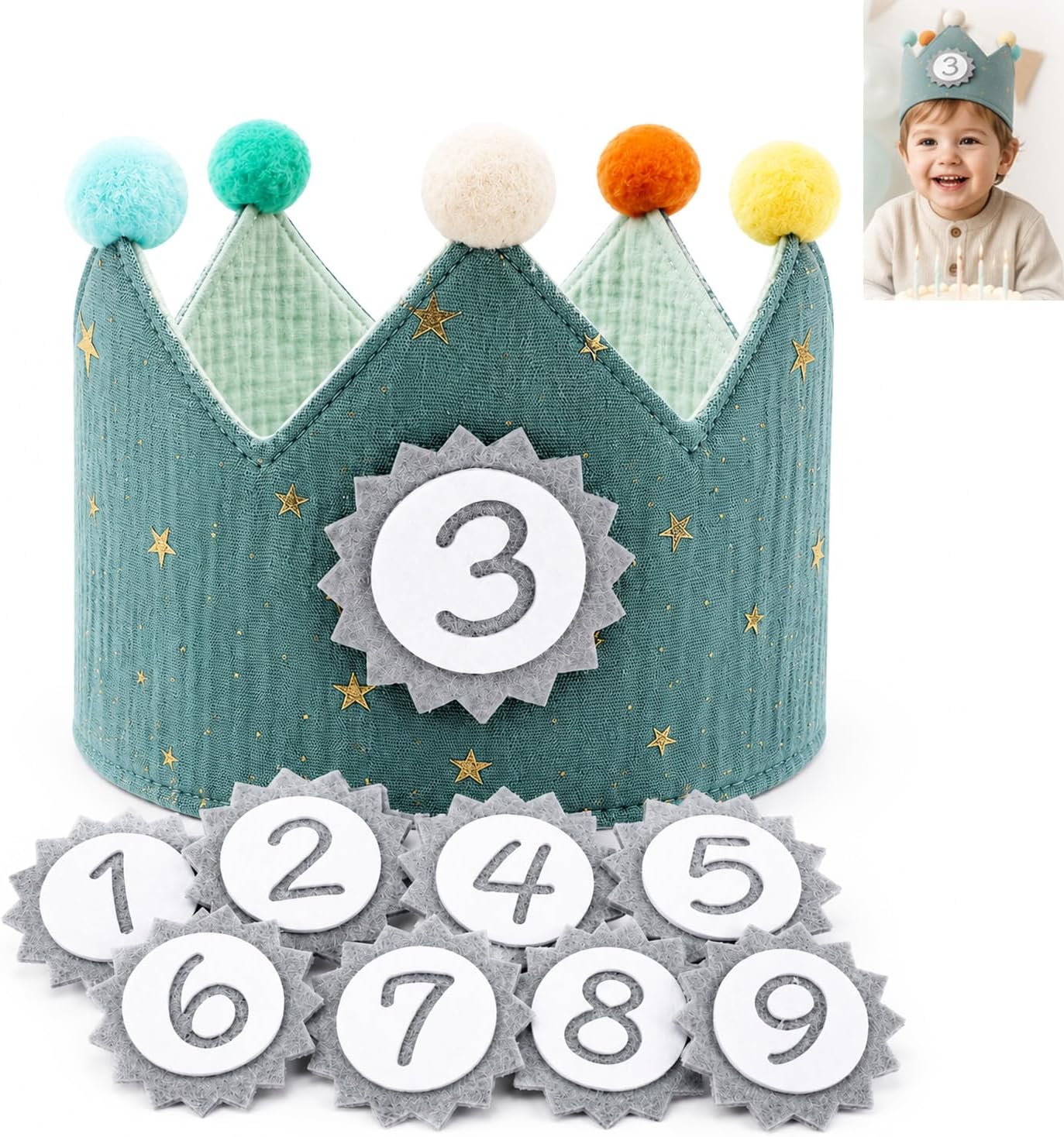 Carehabi Cappellini Compleanno Bambini Corona Compleanno Tessuto Cappello da Festa di per Bambini Corona Stoffa Compleanno Bambino con Numeri Intercambiabili da 0 a 9
