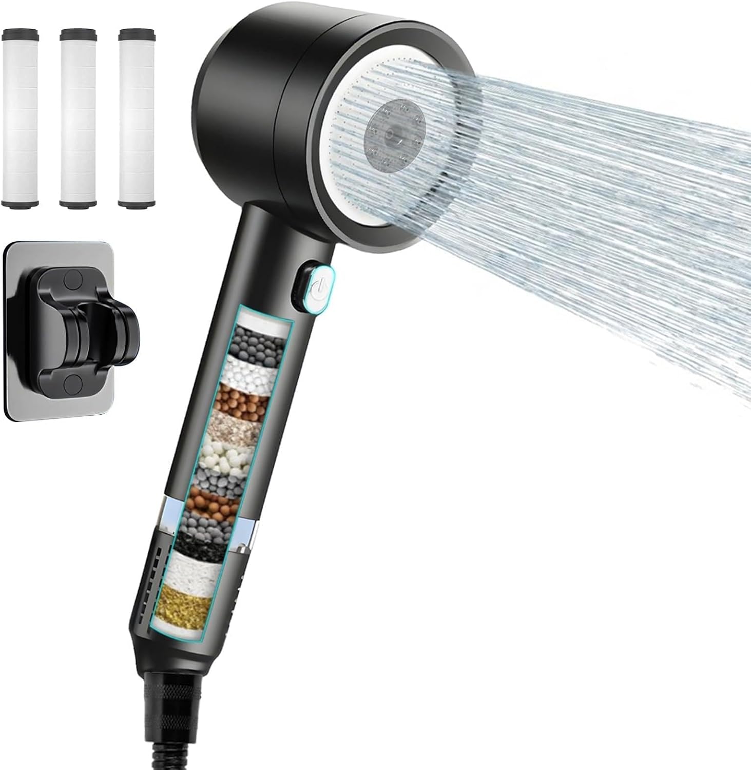 Pommeau de Douche Haute Pression avec 1.5m Tuyau Douche et Support Pommeau de Douche Anti Calcaire Filtre Haute Pression Pomme avec 4 Modes de Jet pour Salle de Bain