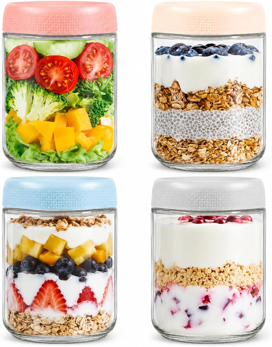4 Uds Tarros de Cristal con Tapa 500ml de Colores - Overnight Oats Jars