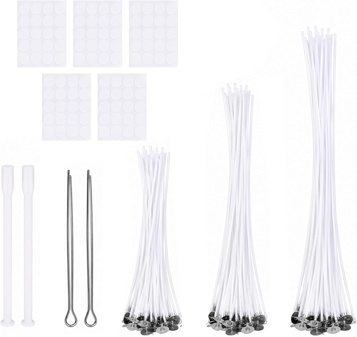 Carehabi 109 Stück Kerzendochte Set für Kerzenherstellung Kerzendocht (10/15/20 cm) Rauchfrei Dochte für Kerzen DIY Kerzen Zubehör Inkl. Dochthalter, Zentrierhilfen und Klebeplättchen