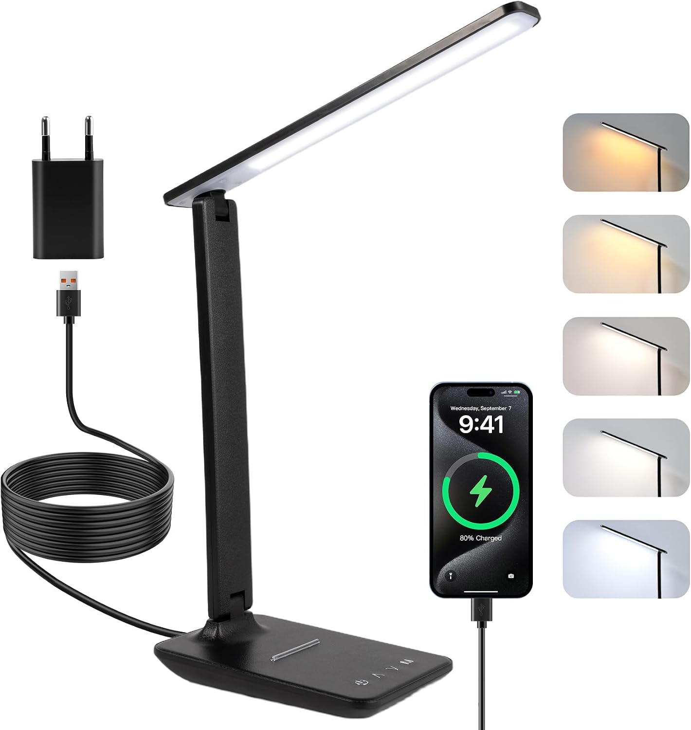 Carehabi Schreibtischlampe LED, Dimmbare Tischleuchte, LED Tischlampe mit 5 Farben und 5 Helligkeitsstufen Leselampemit USB Ladeanschluss Touch Steuerung für Kinder, Lektüre, Büros (schwarz-AC)