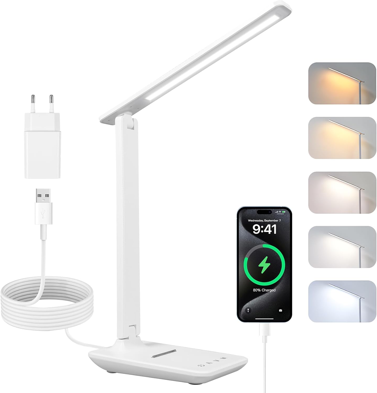 Carehabi Lampe de Bureau Puissante, 5 Modes de Couleurs et 5 Niveaux de Luminosité Réglables - Rotation sur 3 Axes - Protection des Yeux - Lampe de Lecture avec Port USB (blanc-AC)