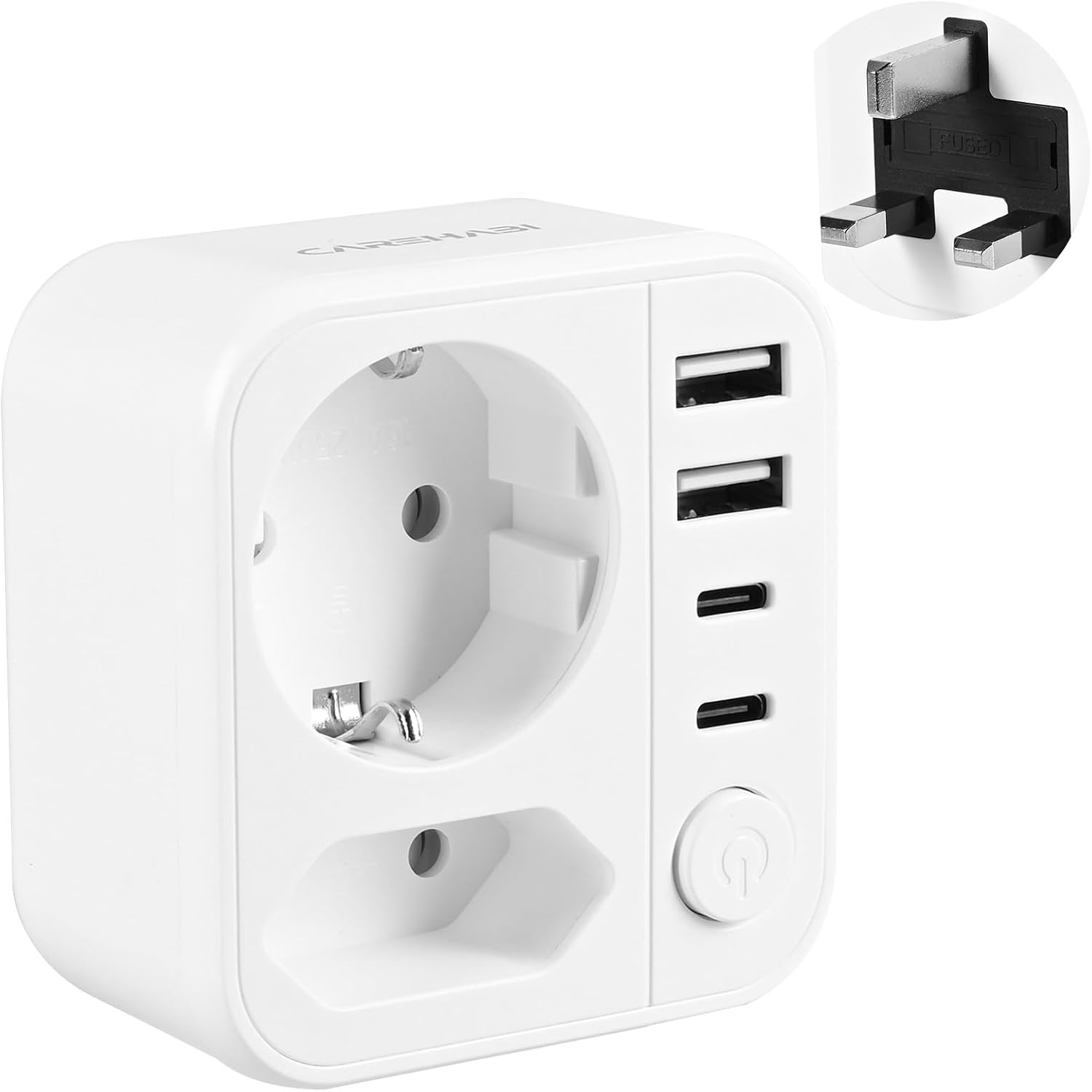 Carehabi Reiseadapter UK Adapter England Deutschland Stecker mit 2 USB -C + 2 USB-A, Steckdosenadapter Reisestecker Stromadapter für Irland Großbritannien