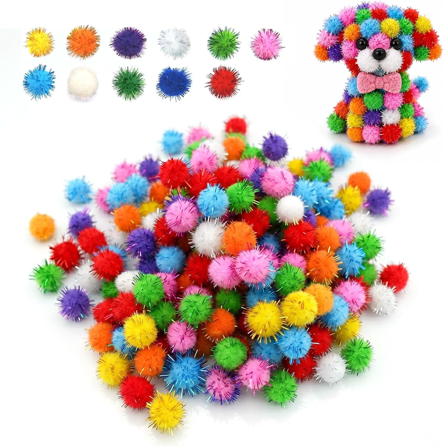 Carehabi Bunte Glitzer Pompons zum Basteln 500 Stück 15mm Mini Pompoms mit Lametta Bommeln für DIY Handwerk Ostern Weihnachten Dekorationen