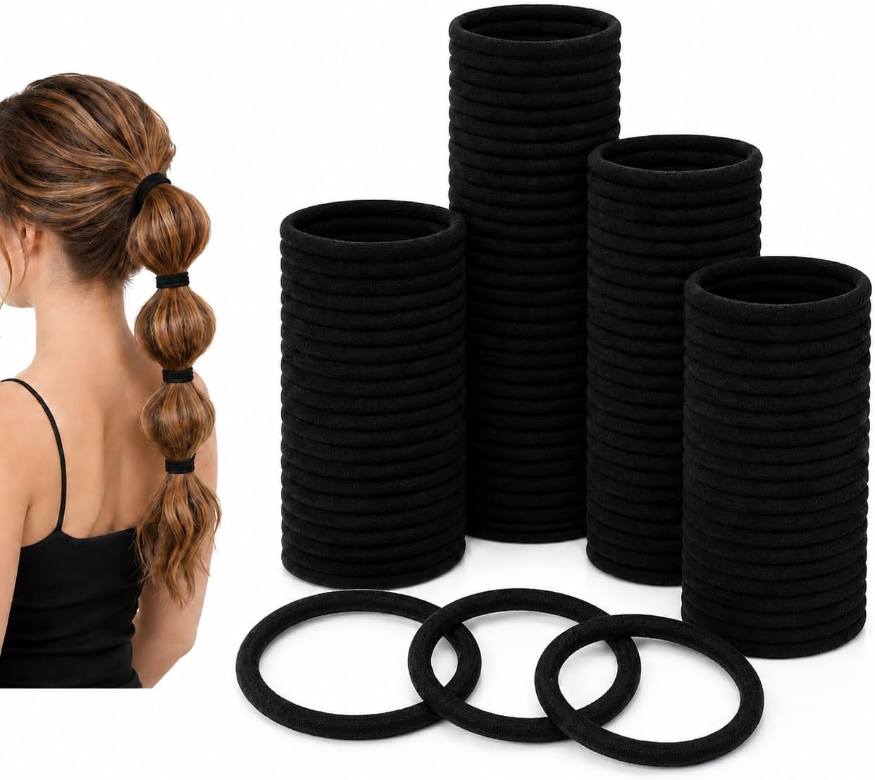 100 stycken svarta hårsnoddar för kvinnor och män, sömlösa elastiska flätgummi utan metall, hårband för hästsvans, fast grepp för sport, yoga, arbete och vardag