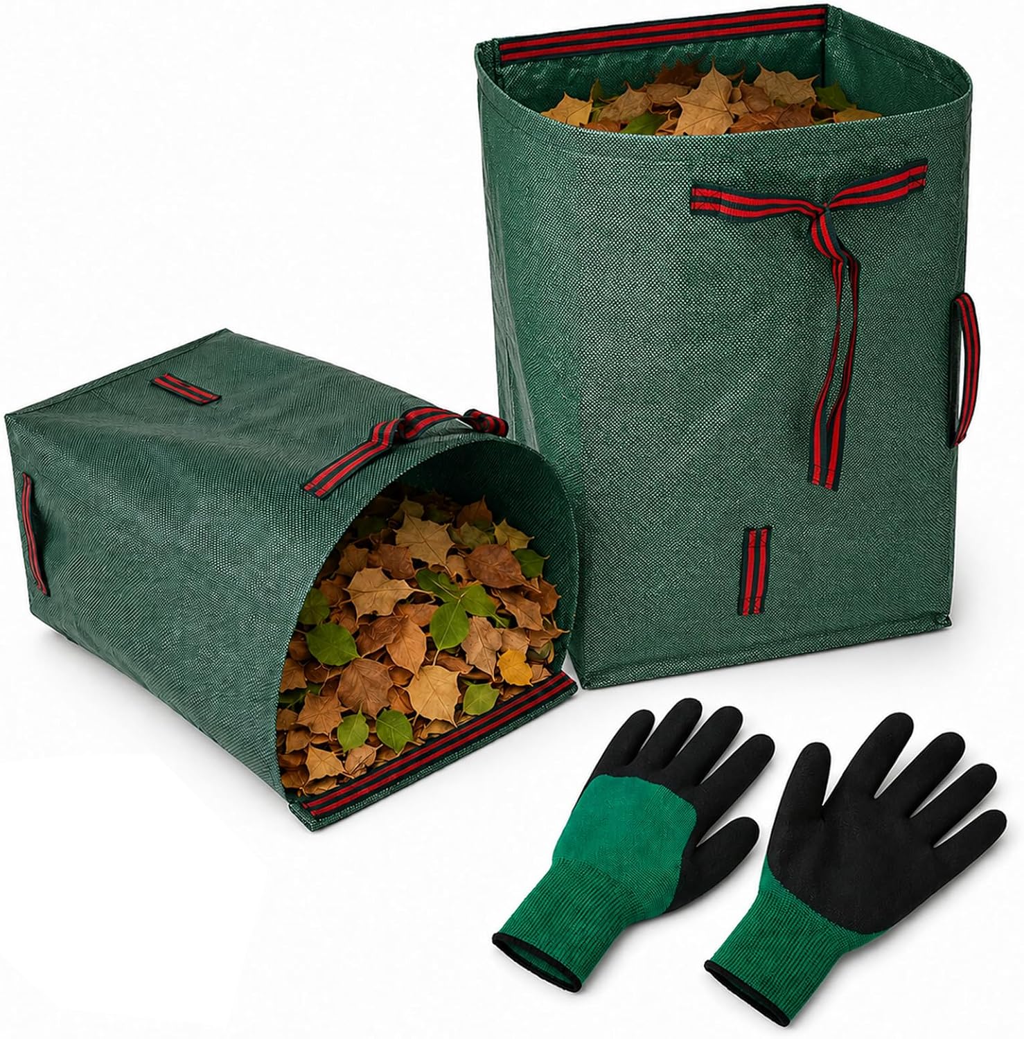 Carehabi Lot de 2 sacs de jardin de 272 l avec poignées, gants indéchirables, hydrofuges, réutilisables, pour feuilles, déchets