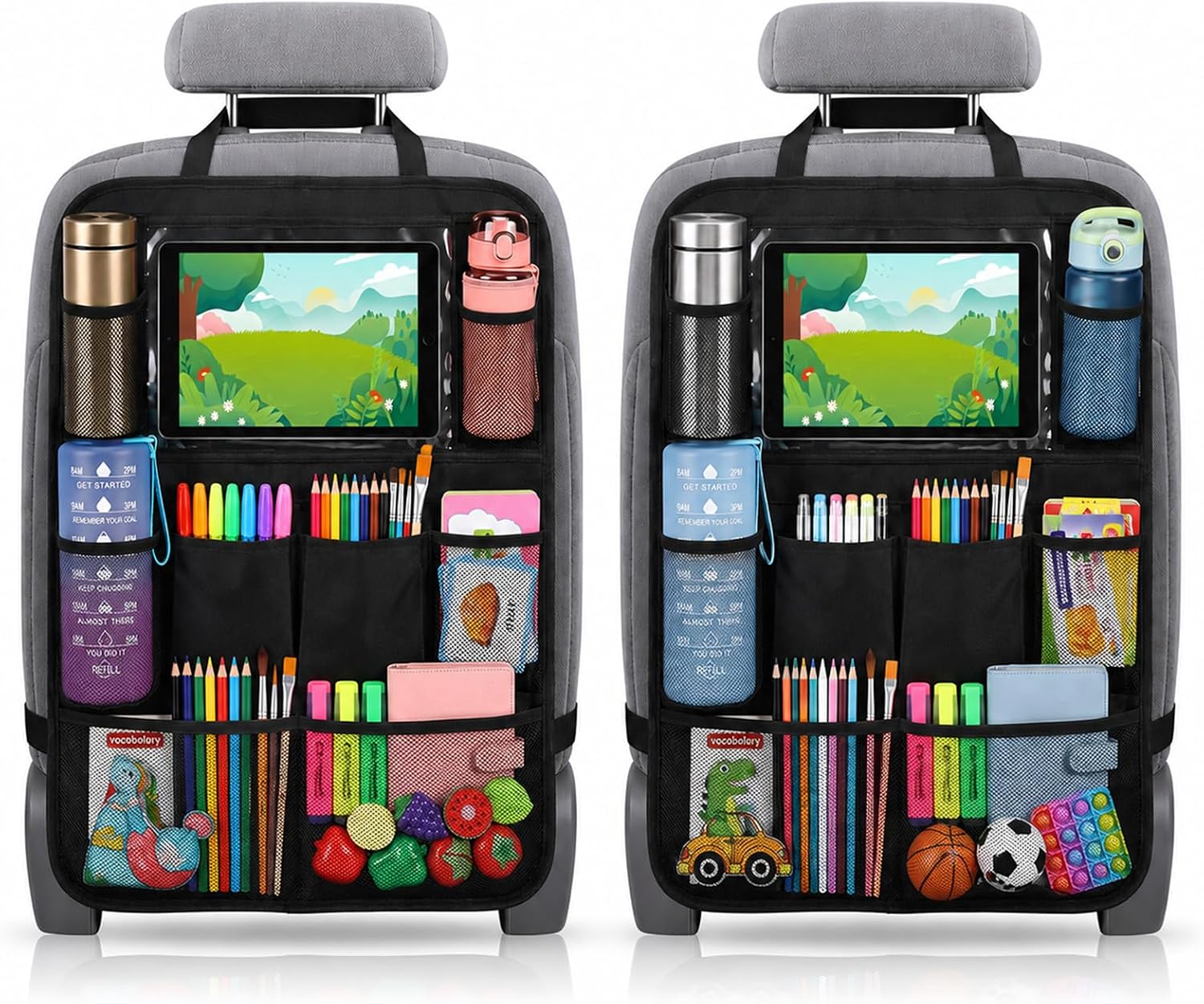 BillyBath Protector de respaldo para coche para niños, organizador de coche con bolsa de 10 pulgadas para iPad/tableta, 10 bolsillos, almacenamiento de juguetes para niños, tela Oxford impermeable (2