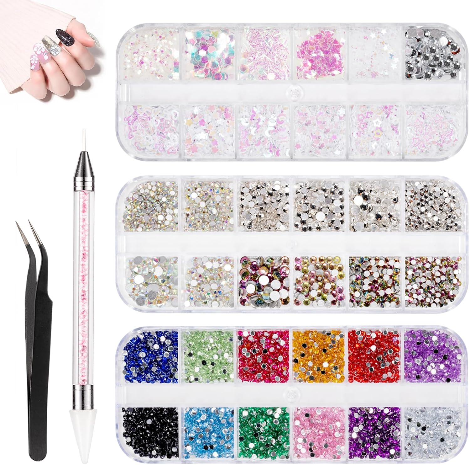 5000 stuks parels, strass-steentjes, nagelkunst, 4 dozen decoraties, nagelstenen voor nagelkunst, inclusief waxstift en strass-picker