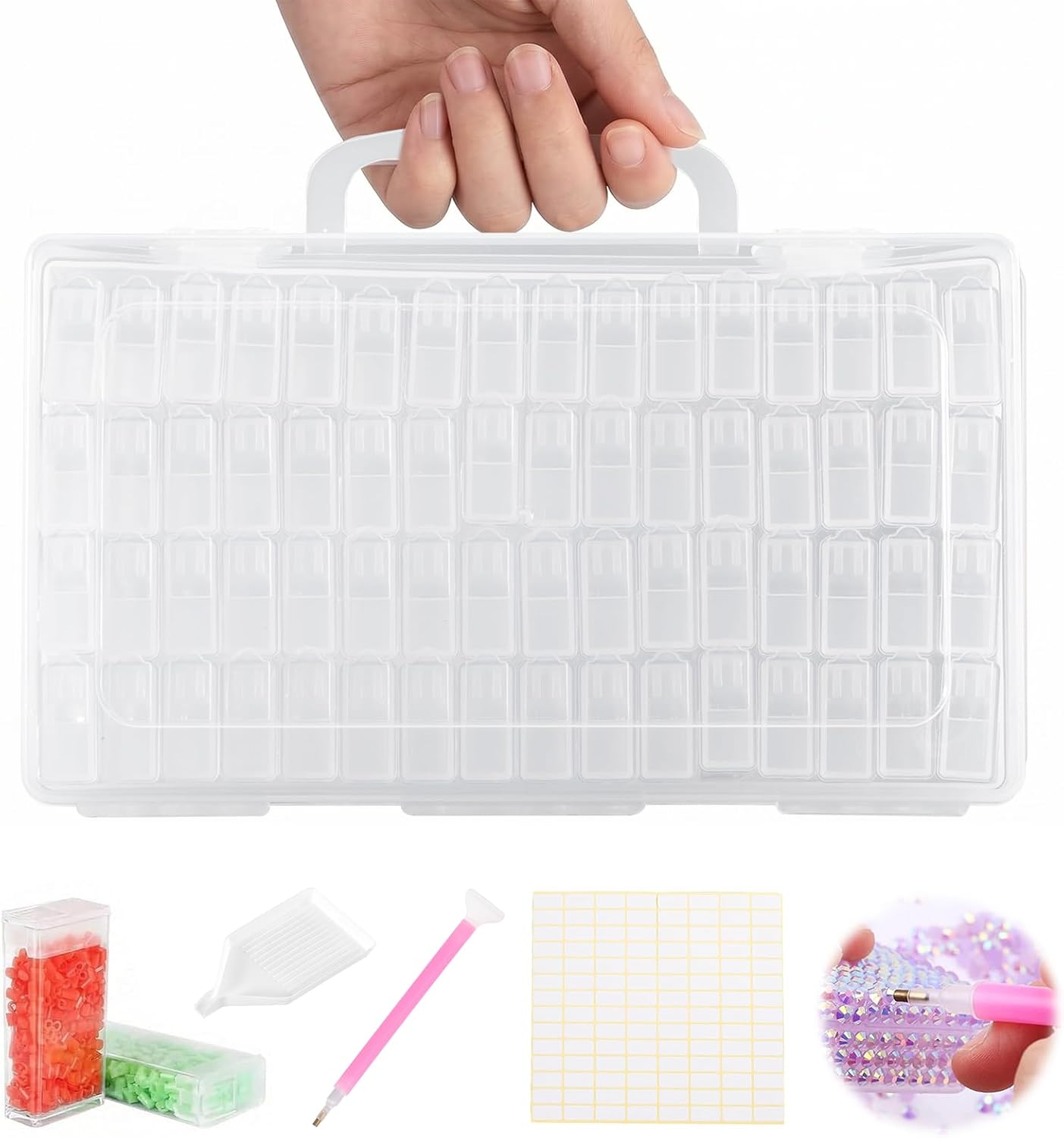 Carehabi Boîte d'accessoires pour peinture au diamant, 64 boîtes de peinture diamant 5D avec 112 étiquettes pour diamants, perles et autres accessoires de bricolage.