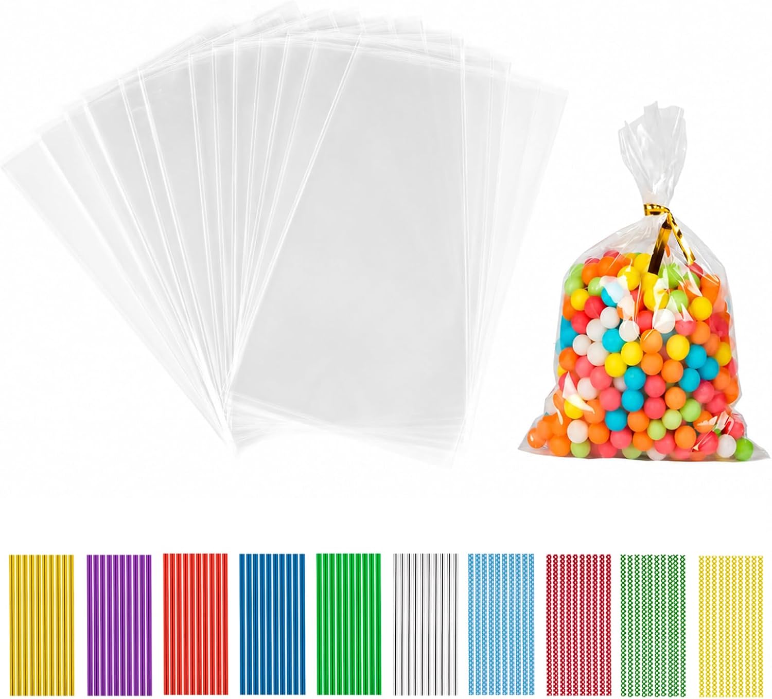 Pack of 200 Candy Bags, 25 x 15 cm, Transparent Cellophane Bags with 200 Metallic Bands for Sweets, Biscuits, Bread, Fruit, etc. Perfect for Parties Gift