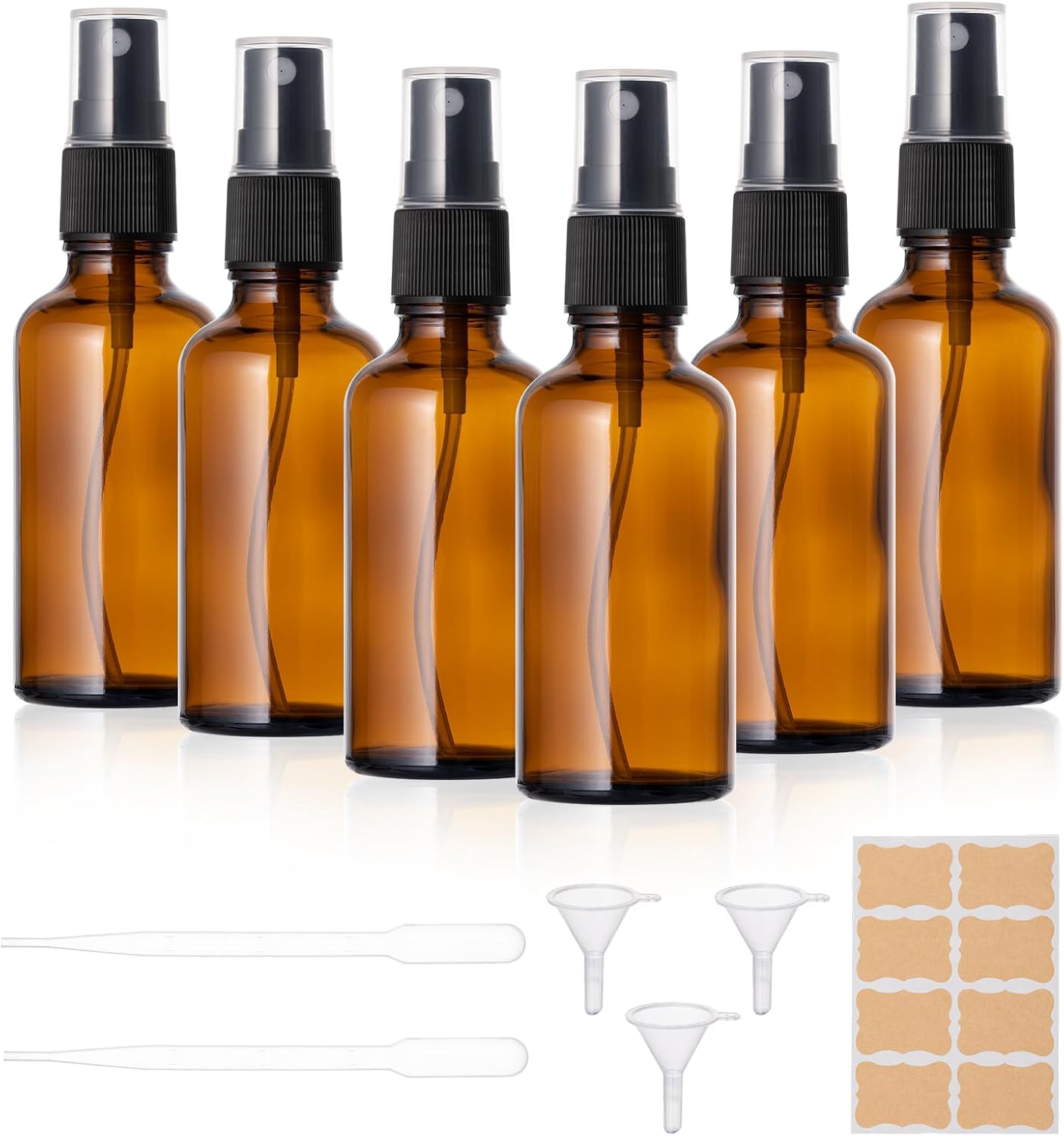 Carehabi Lot de 6 flacons vaporisateurs vides en verre marron de 50 ml avec entonnoir, pipettes et étiquettes pour huiles essentielles, parfums
