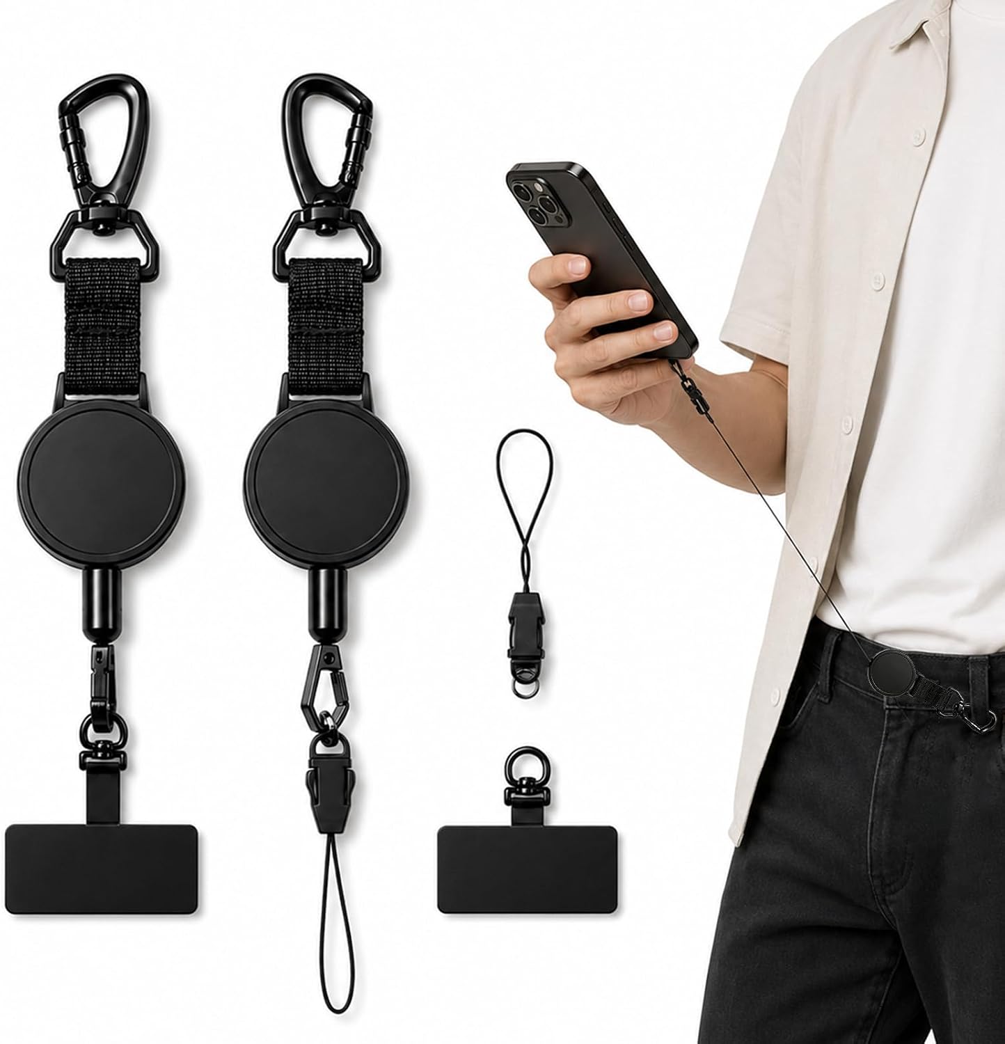 2PCS Correa Retráctil para Teléfono Móvil, Llavero Antirrobo Extensible con Gancho Metálico Bloqueable y Pestaña Giratoria 360° Metal, Cordón para Móvil Ideal para Senderismo, Escalada y Pesca, Negro