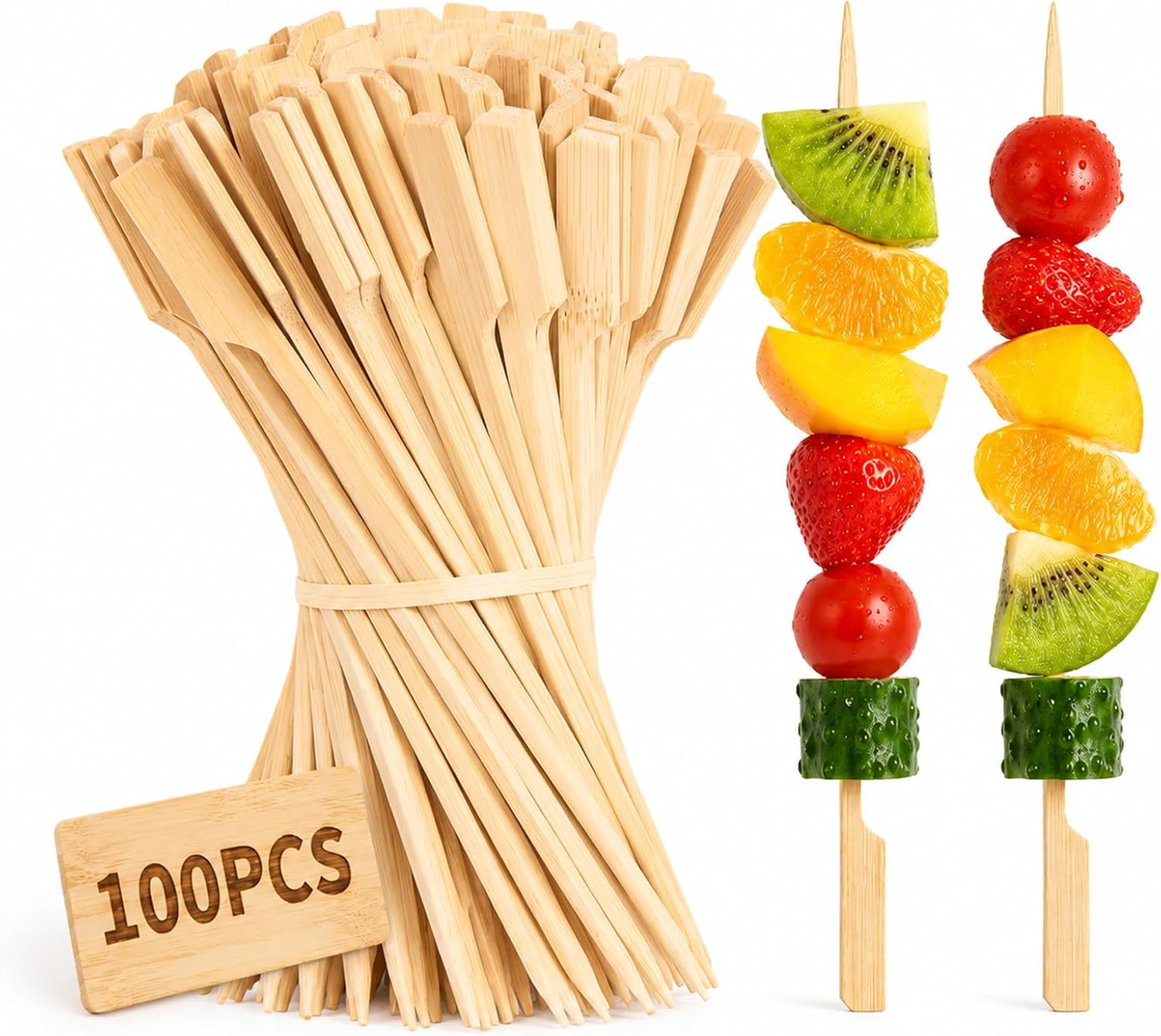100 Stück Holzspieße aus Bambus, 20cm x 3mm Fingerfood Spieße Schokobrunnen, Schokofondue, Kebab, Burger, Cocktails, Früchte, Buffet, Grillparty, Geburtstage, Picknicks