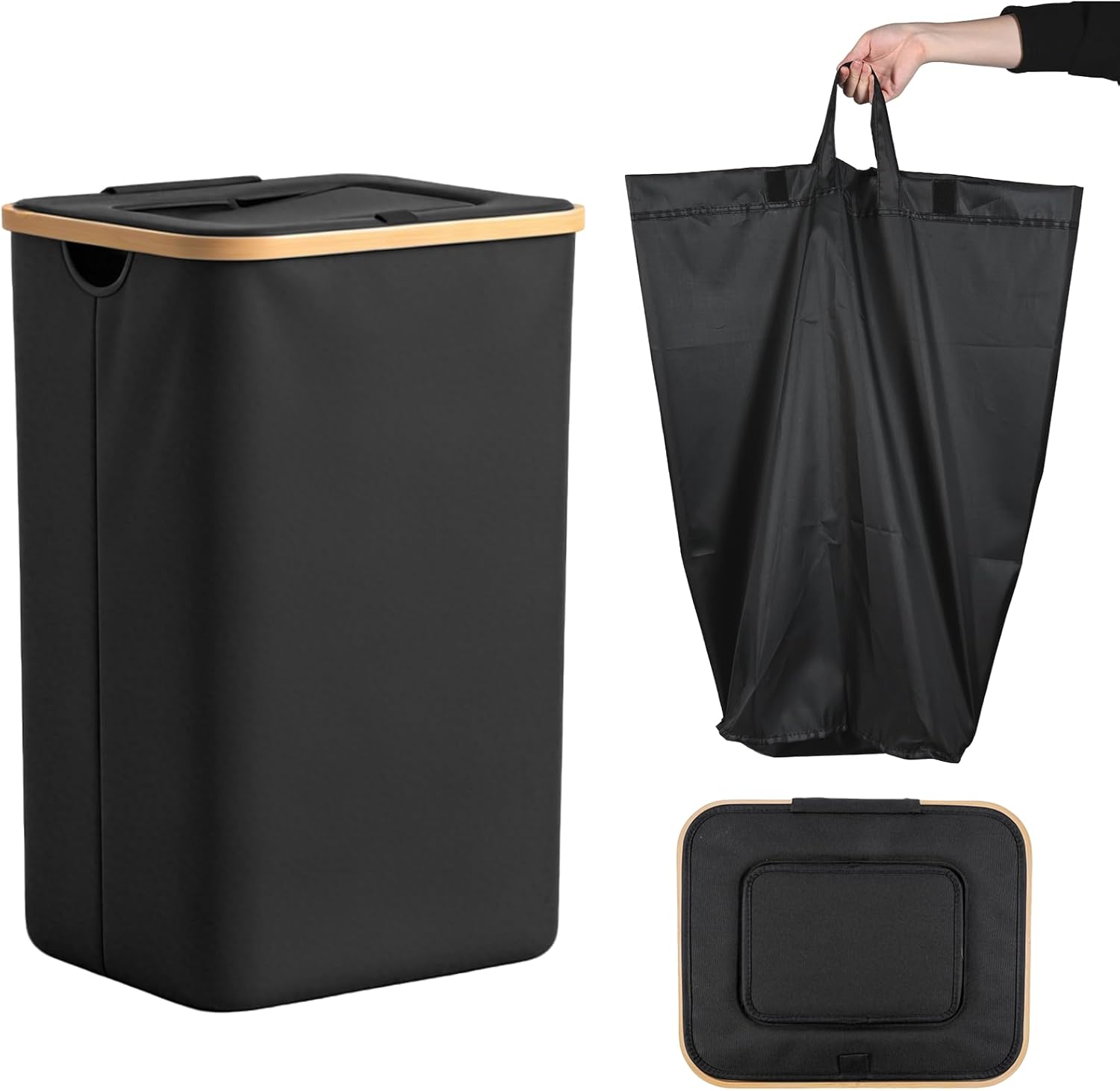 Carehabi Wäschekorb mit Deckel und Herausnehmbarem Wäschesack 100L Faltbarer Wäschesammler Große Wäschekörbe für Schmutzwäsche Laundry Basket für Badezimmer und Schlafzimmer, Schwarz