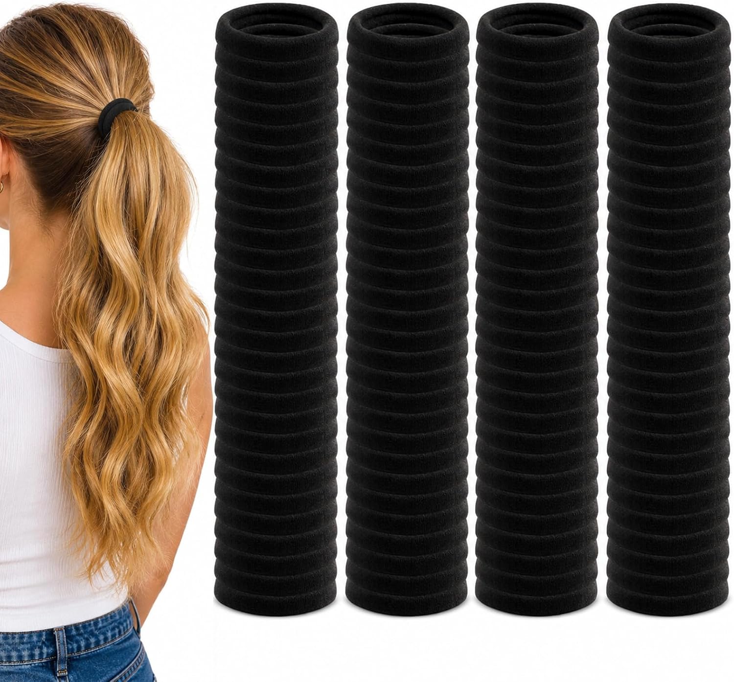 100 Piezas Gomas de Pelo Gruesas Negras, Coleteros Elásticos Sin Costuras y Sin Metal, Bandas de Cabello Suaves para Coletas, Trenzas y Moños, Accesorio Pelo Mujer Hombre Niños Escuela Oficina Deporte