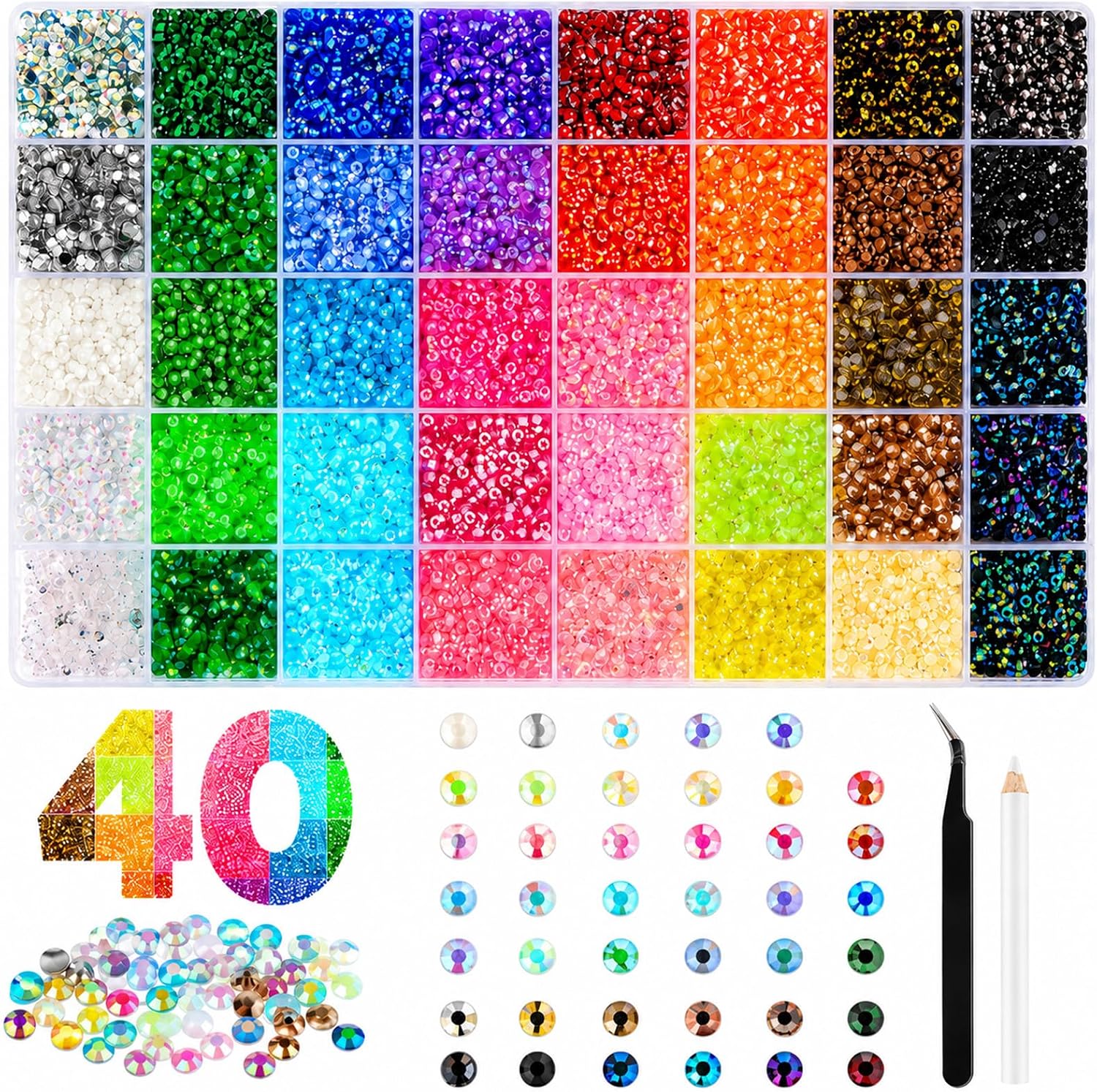 Lot de 40 Couleurs de Strass en Résine Gel, 3mm 32000 Pièces Strass Thermocollant à dos Plat pour le Bricolage, Kit de Bricolage avec Pince épiler et Stylo Ramasse Graines pour Vêtements, Chaussures