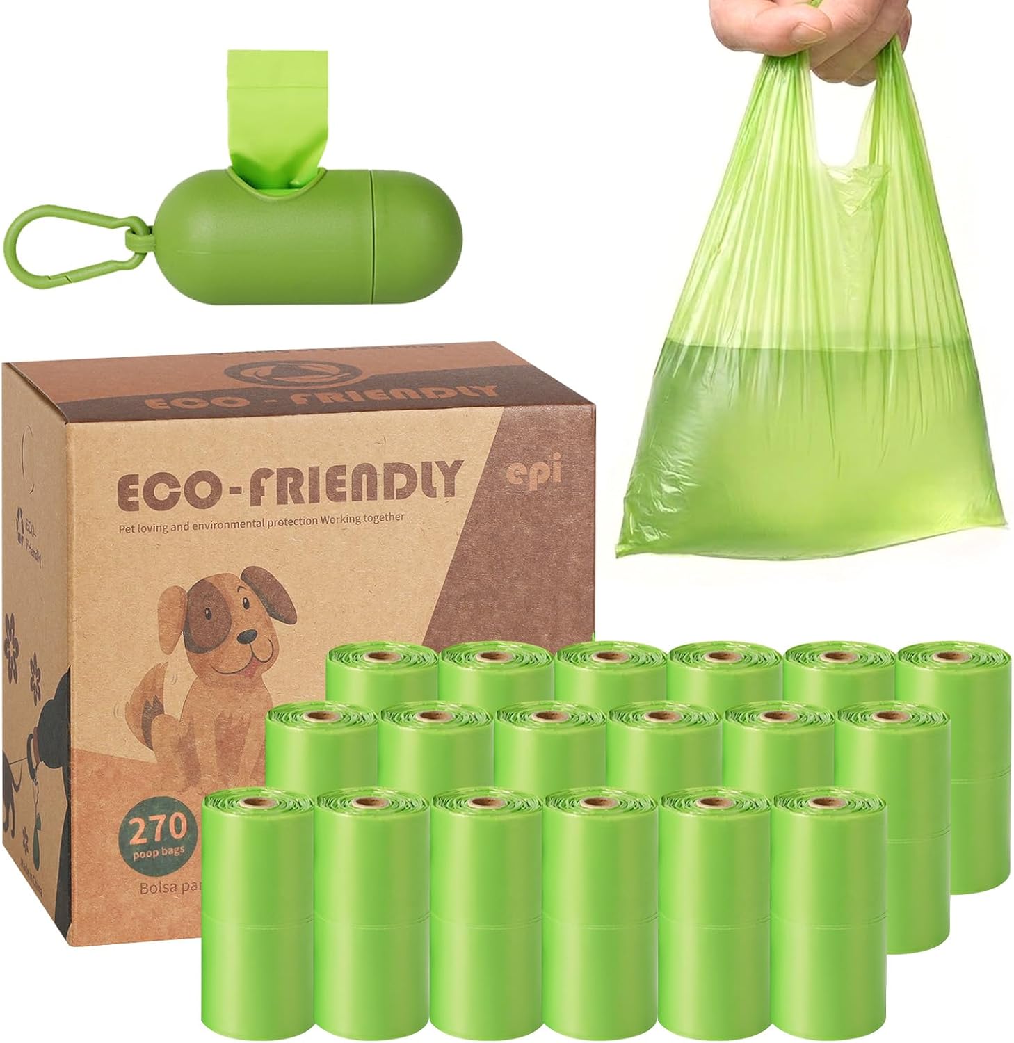 Sac Crottes Chien avec Poignées, 18 Rouleaux (270 Pièces) avec 1 Distributeur, Sac Caca Chien 25Mic Extra Épais Résistant, 100% Étanche Grande Capacité 2L