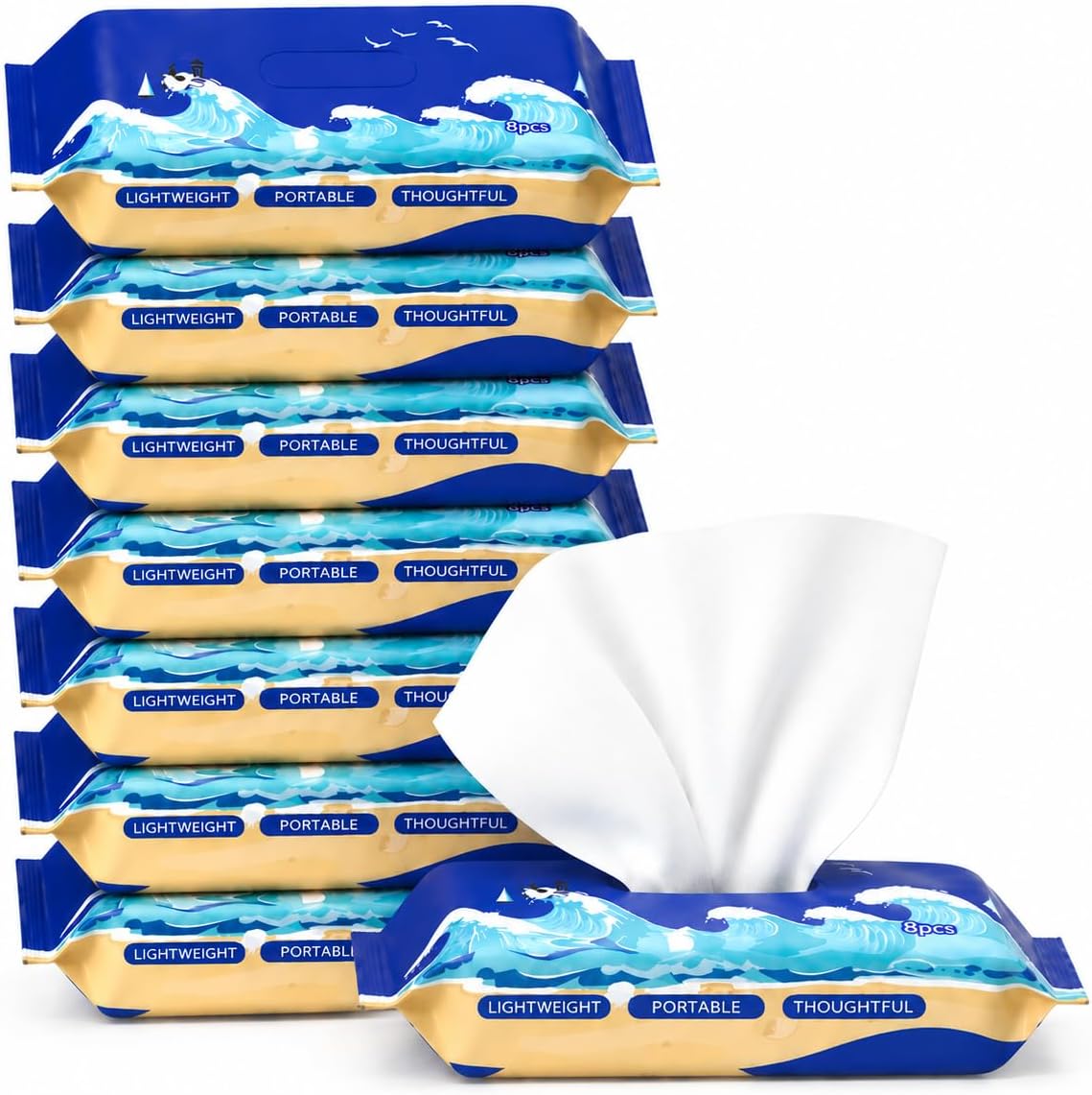 64 Stück 8 Packungen Spülbare Feuchttücher Reisegröße, Feuchtes Toilettenpapier Einzeln Verpackt, Mini, Plastikfrei & Unparfümiert, Feuchtes Klopapier für Unterwegs mit Wasser Wipes