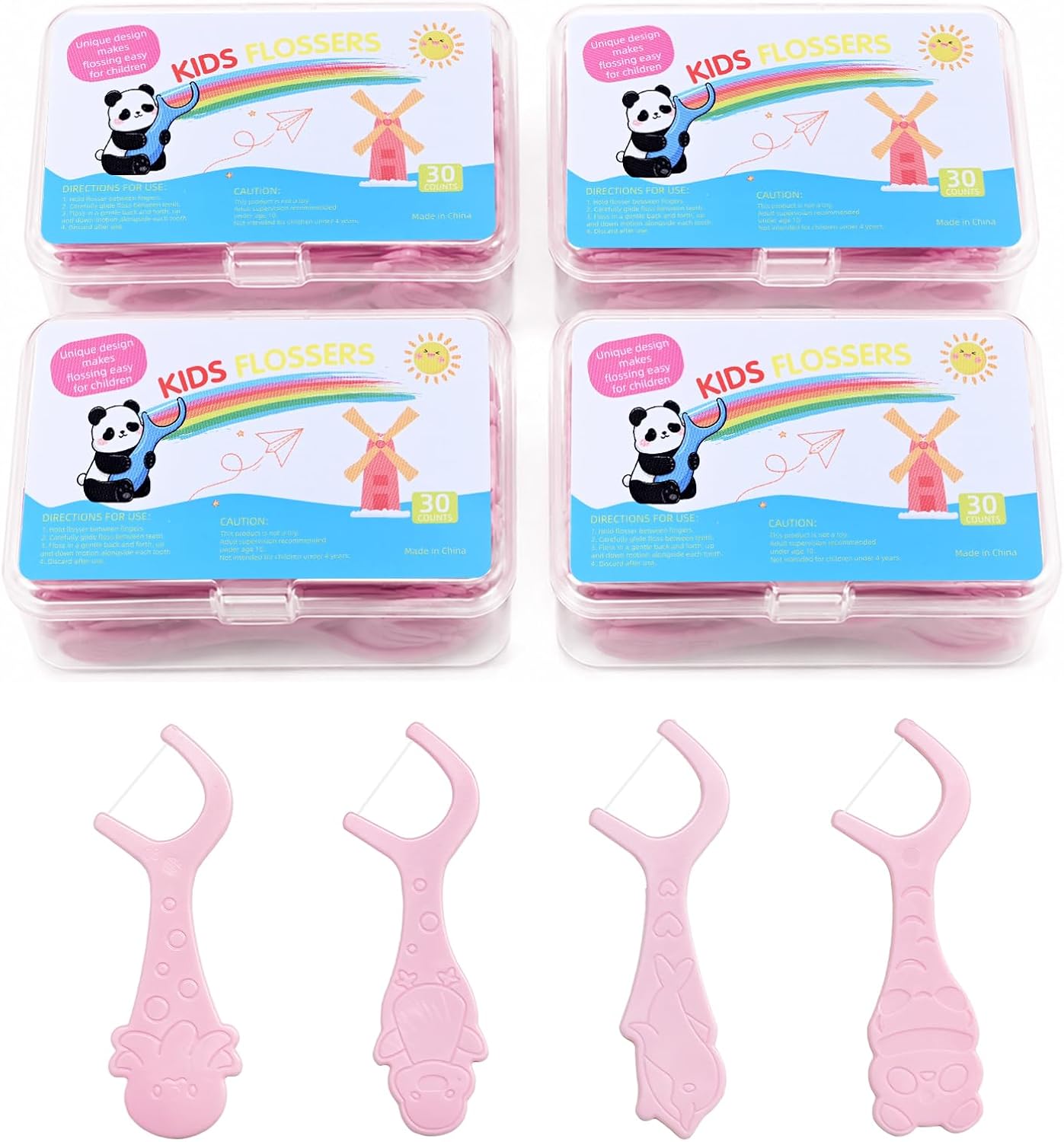Niños Aplicadores 120 Unidades, Sin BPA Hilo Dental Palillos para Pequeños, 4 Lindos Diseños Animales, Mango Fácil Agarre, Suave en Encías, Estuche Portátil, Cuidado Bucal para Infantes, Rosa