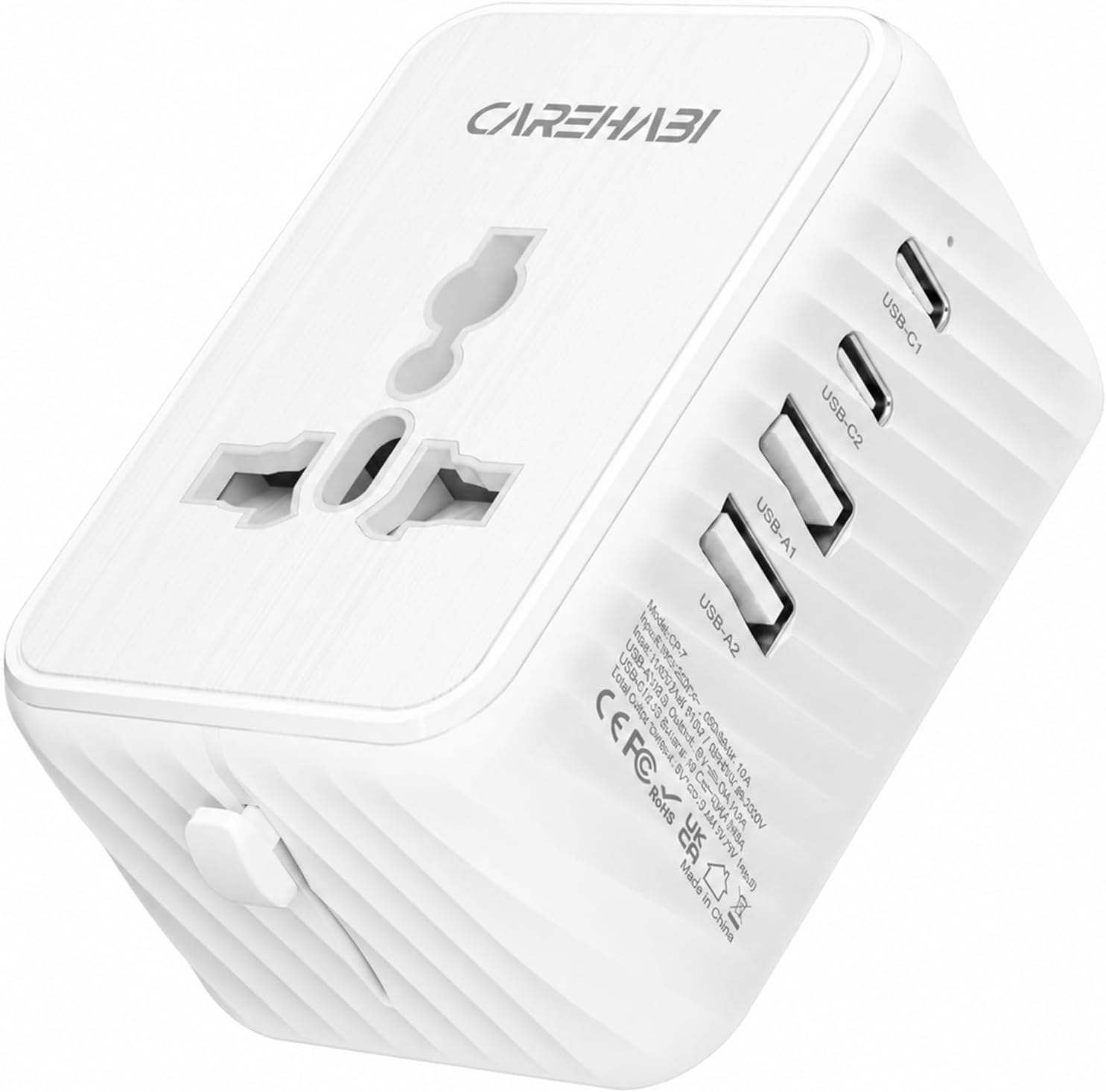 CAREHABI Universell reseadapter över hela världen, 5-i-1 internationell kontakt med 2 USB-C och 2 USB-A-portar, universell AC-uttag för 200 länder, bärbar reseladdare för Europa, Storbritannien, USA