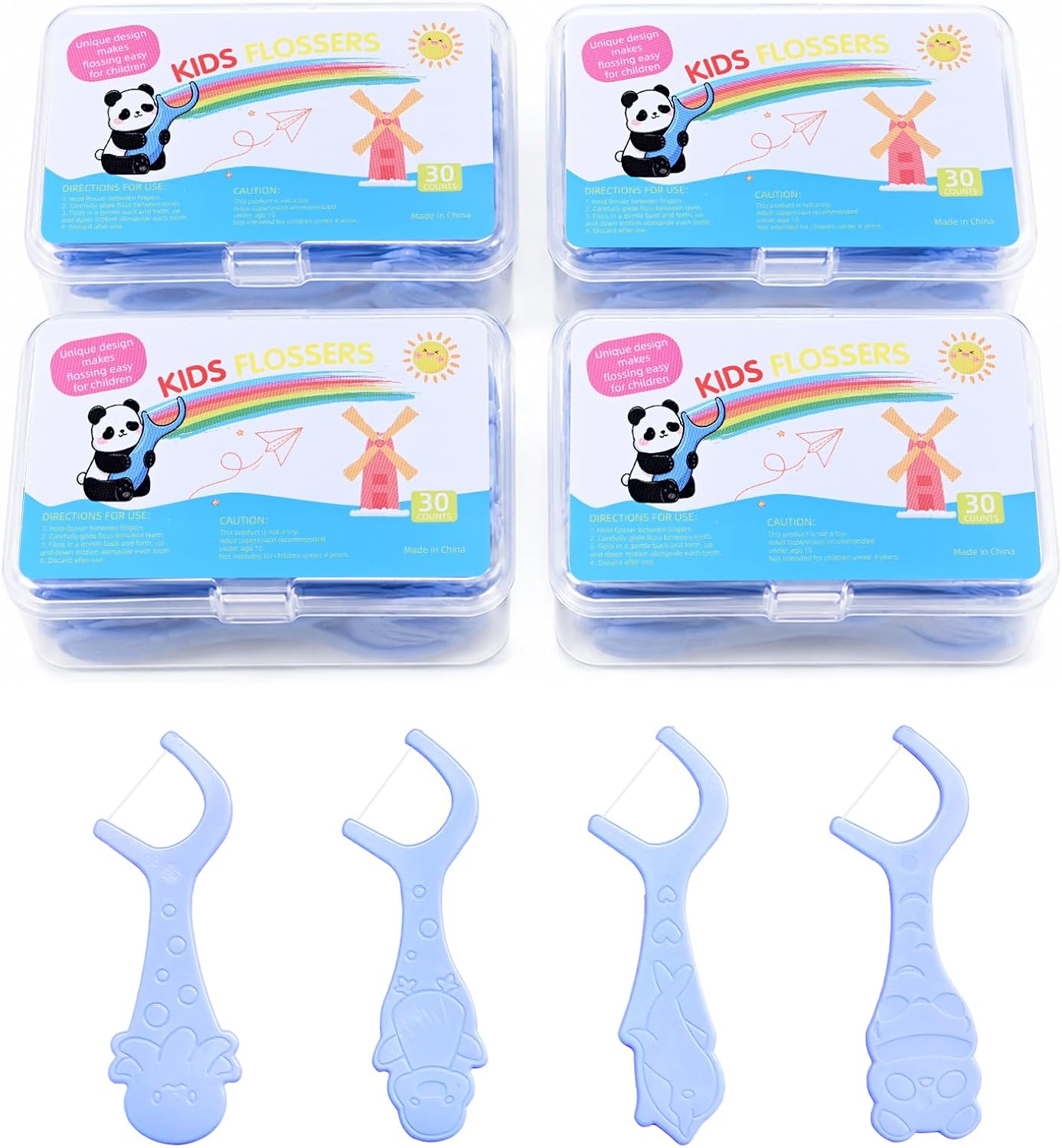 Enfants Flossers 120 Pièces, Sans BPA Fil Dentaire Sticks pour Petits, 4 Mignons Motifs Animaux, Manche Prise Facile, Doux pour Gencives, Étui Rangement Portable, Soin Buccal pour Jeunes, Bleu